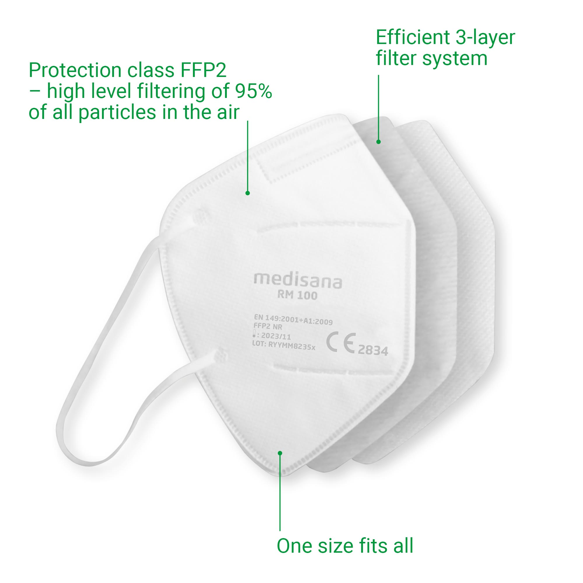 Mascarilla FFP2 blanca con tres capas y texto. Sujeta por una cuerda blanca.
