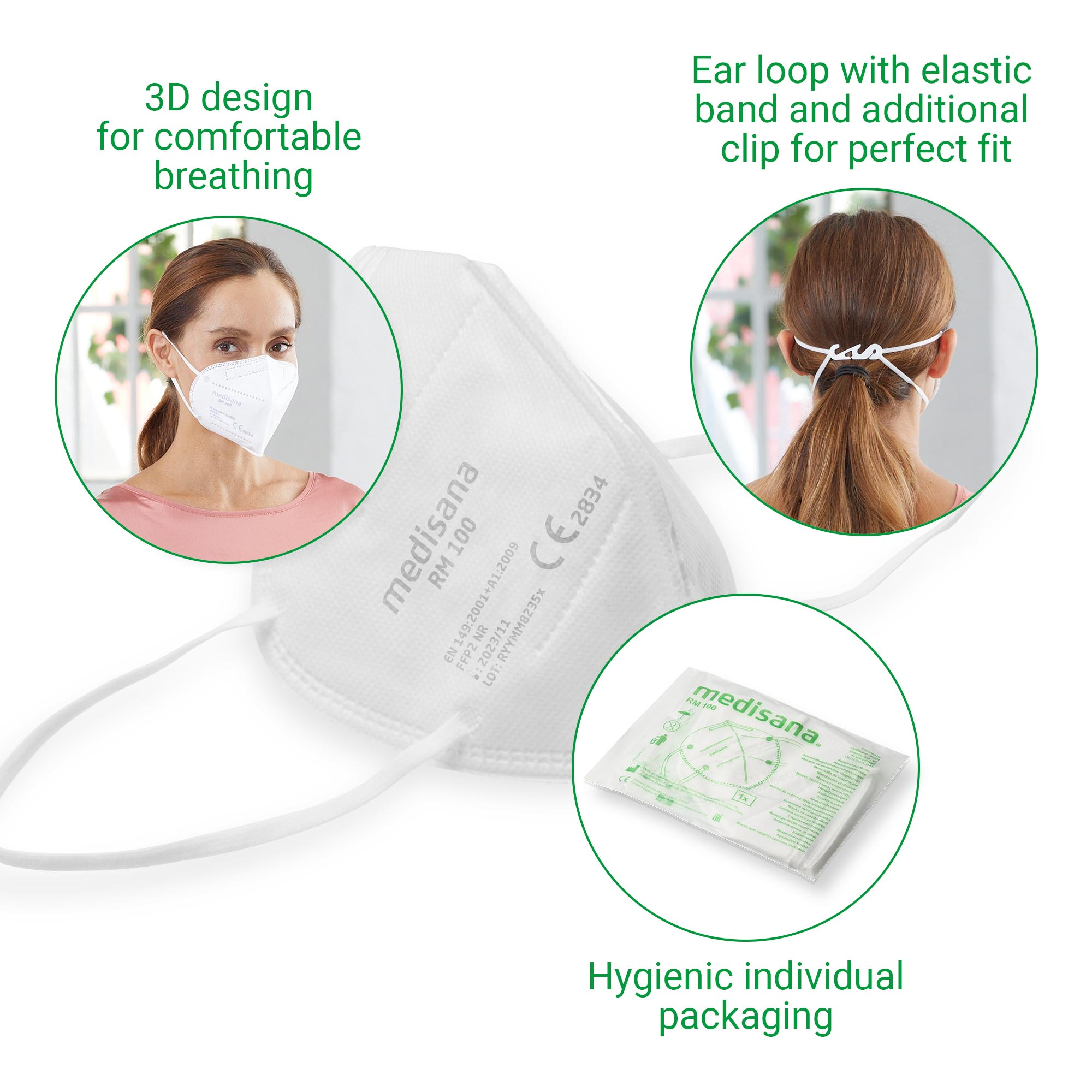 Mascarilla blanca con texto y diagramas que muestran el diseño y el embalaje.