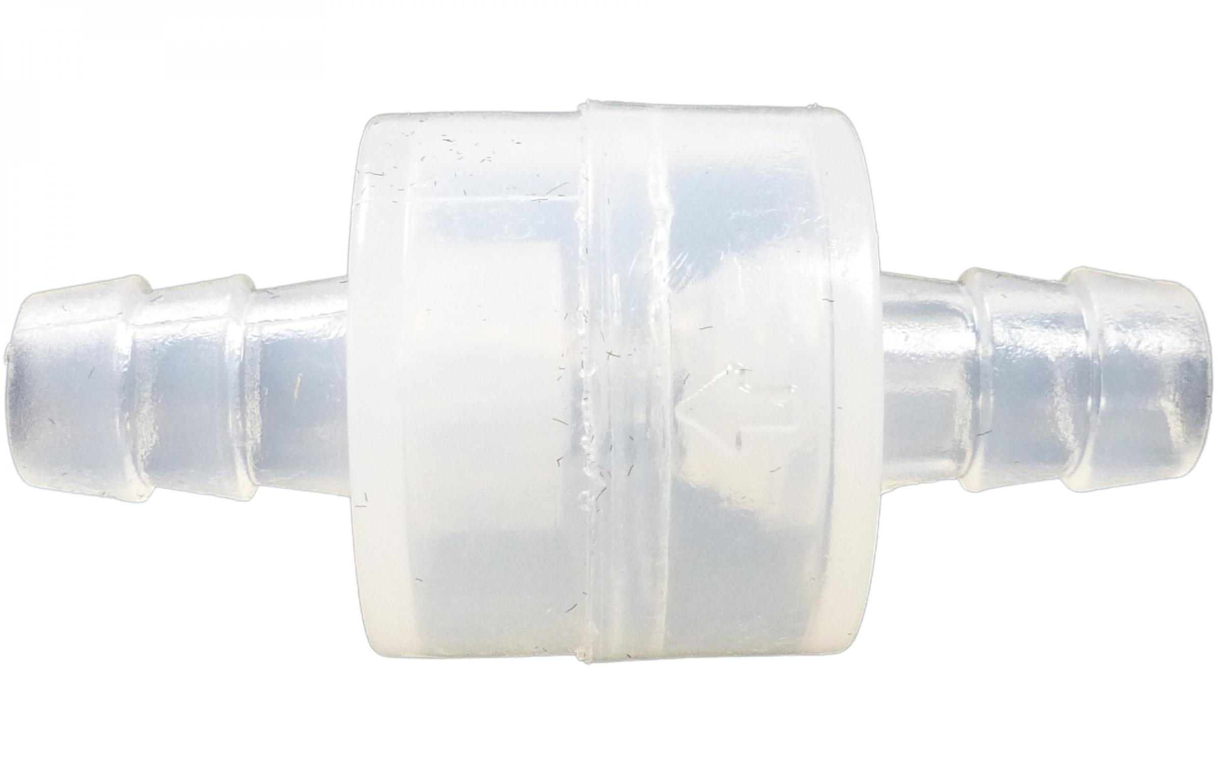 Transparenter Inline-Kraftstofffilter aus Kunststoff. Zylindrische Form mit zwei Schlauchanschlüssen.