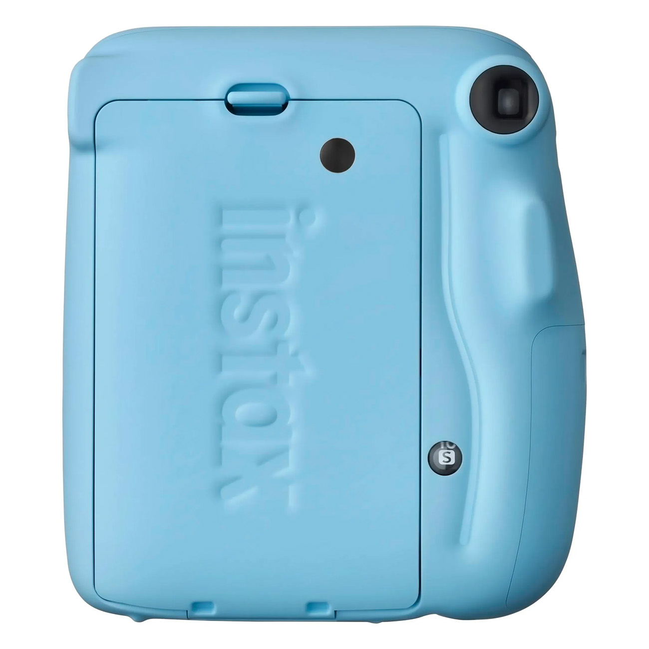 Fotocamera Instax azzurra. Il retro della fotocamera è visibile, con il logo Instax.