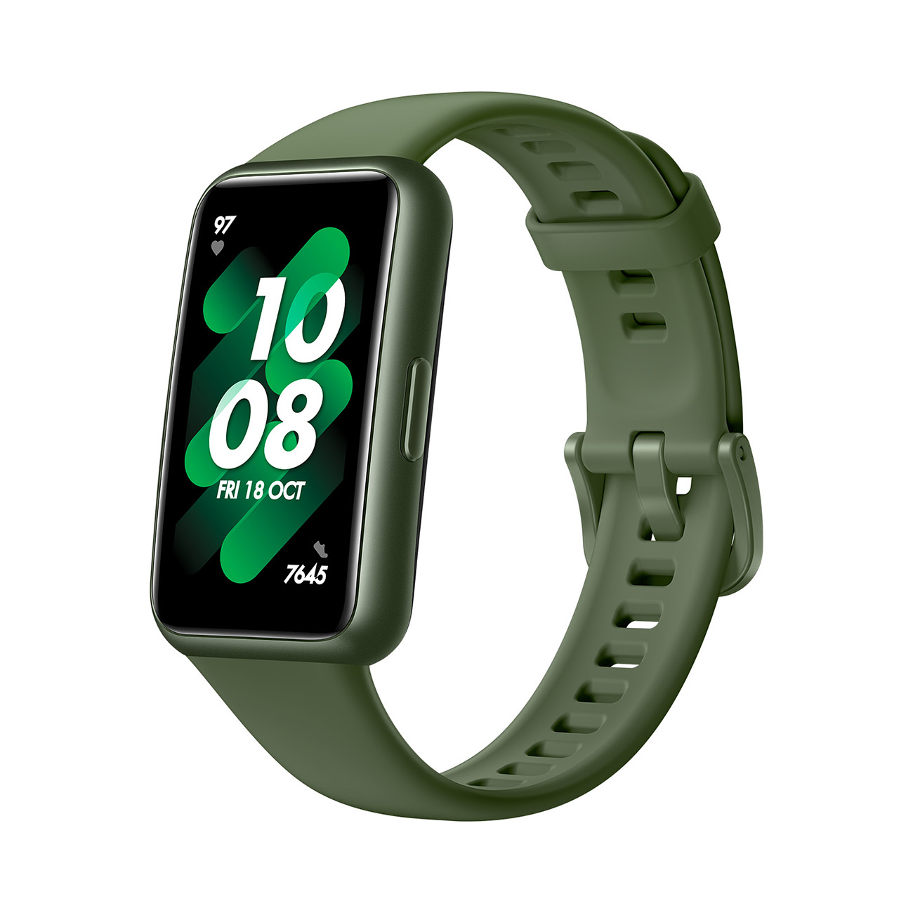 Uno smartwatch verde con display digitale che mostra data e ora.