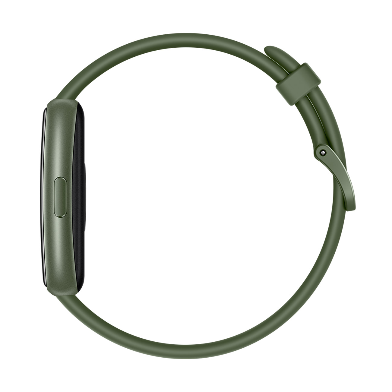Smartwatch verde oliva con display rettangolare arrotondato e cinturino abbinato.