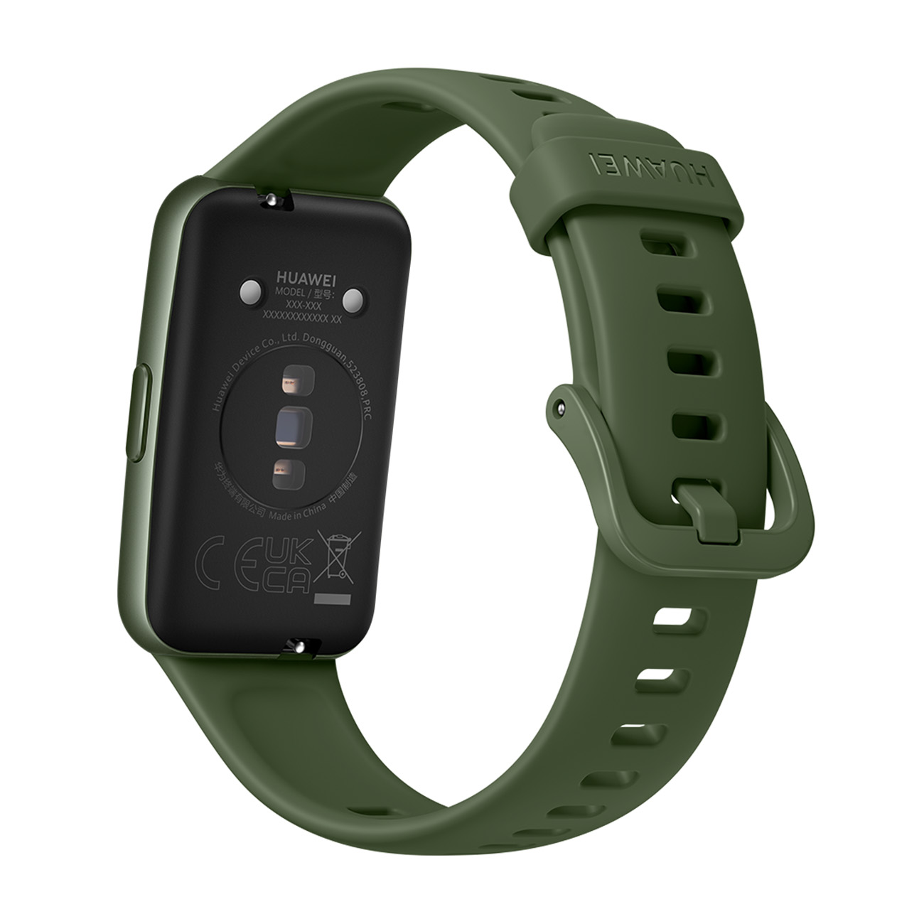 Smartwatch verde con schermo nero e cinturino verde, angolato, che mostra il retro dell'orologio.