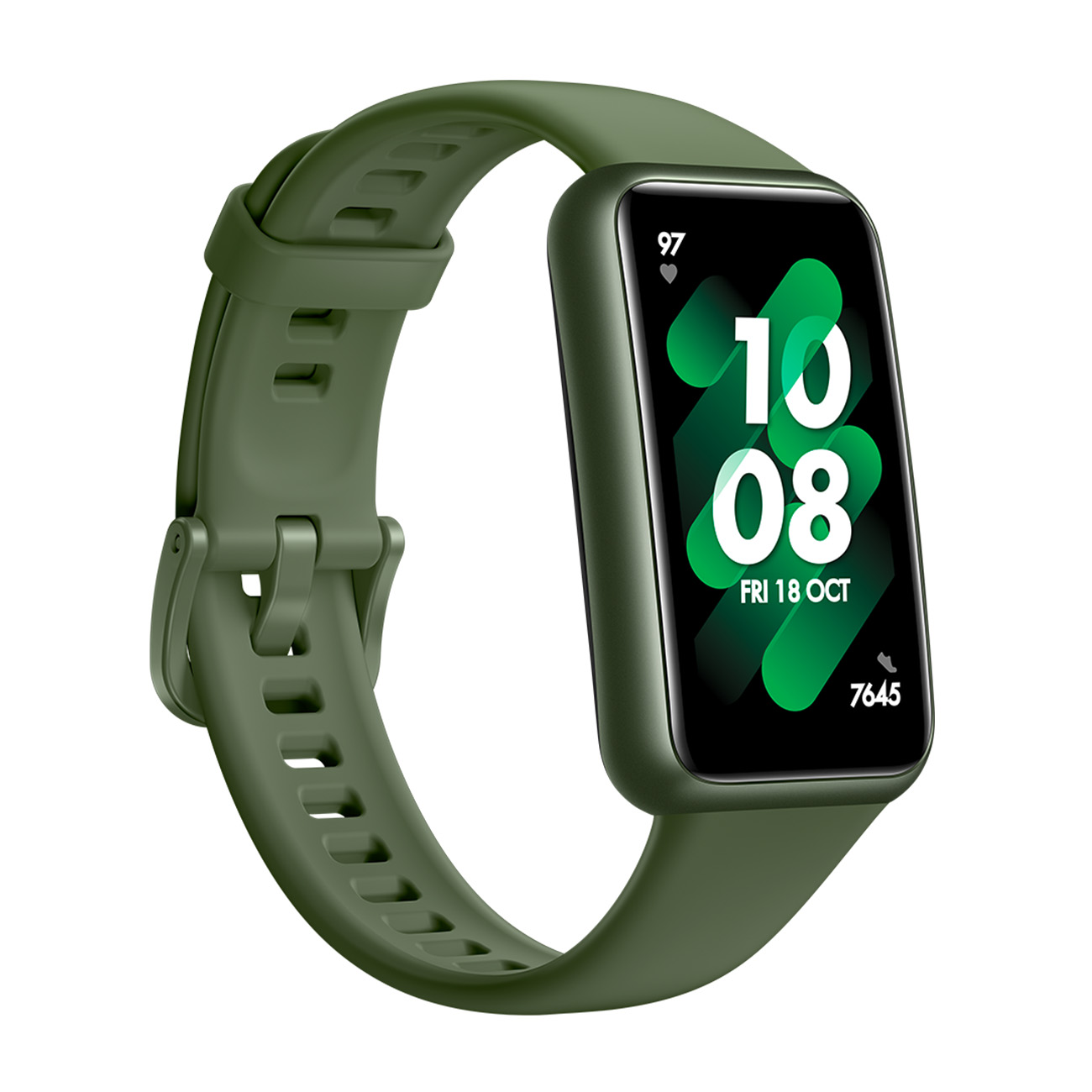 Smartwatch verde con display che mostra data, ora e dati attività.