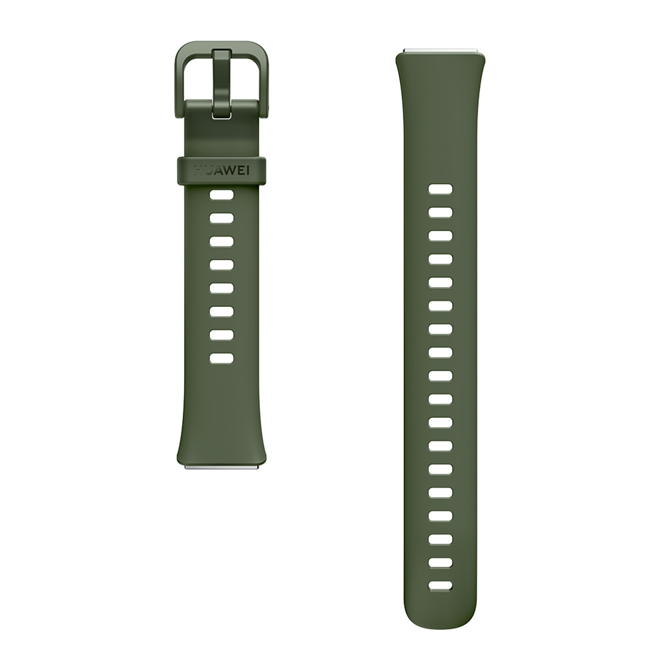 Cinturino verde per smartwatch con fibbia. Il cinturino ha fori per la regolazione.