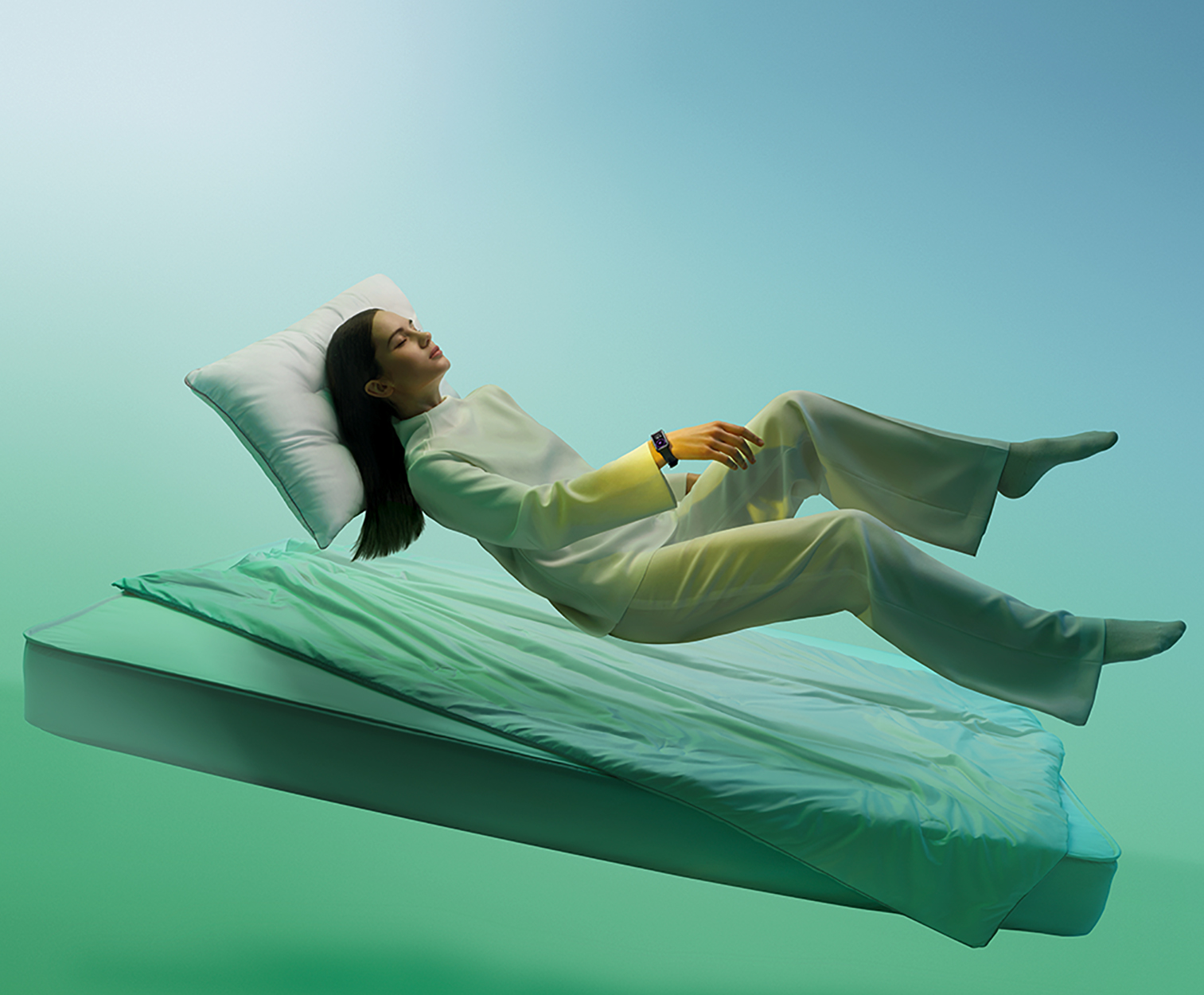 Kobieta unosząca się na łóżku, nosząca smartwatch.