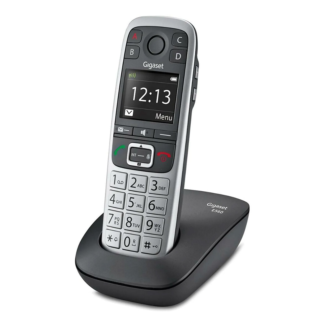 Teléfono inalámbrico plateado y negro sobre una base negra, con una pantalla que muestra la hora.