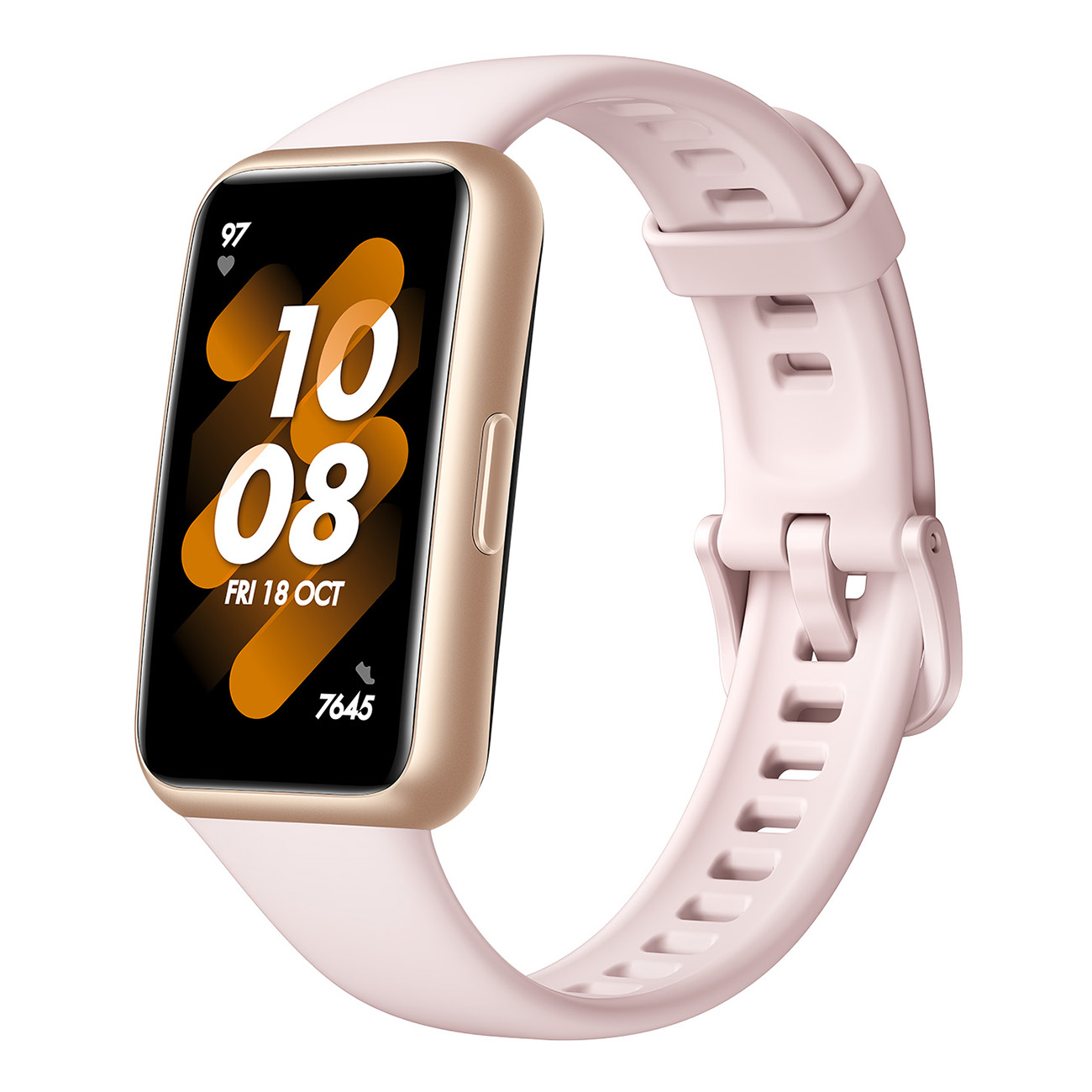 Smartwatch mit pinkfarbenem Armband. Das Display zeigt Zeit und Datum, goldfarben umrahmt.