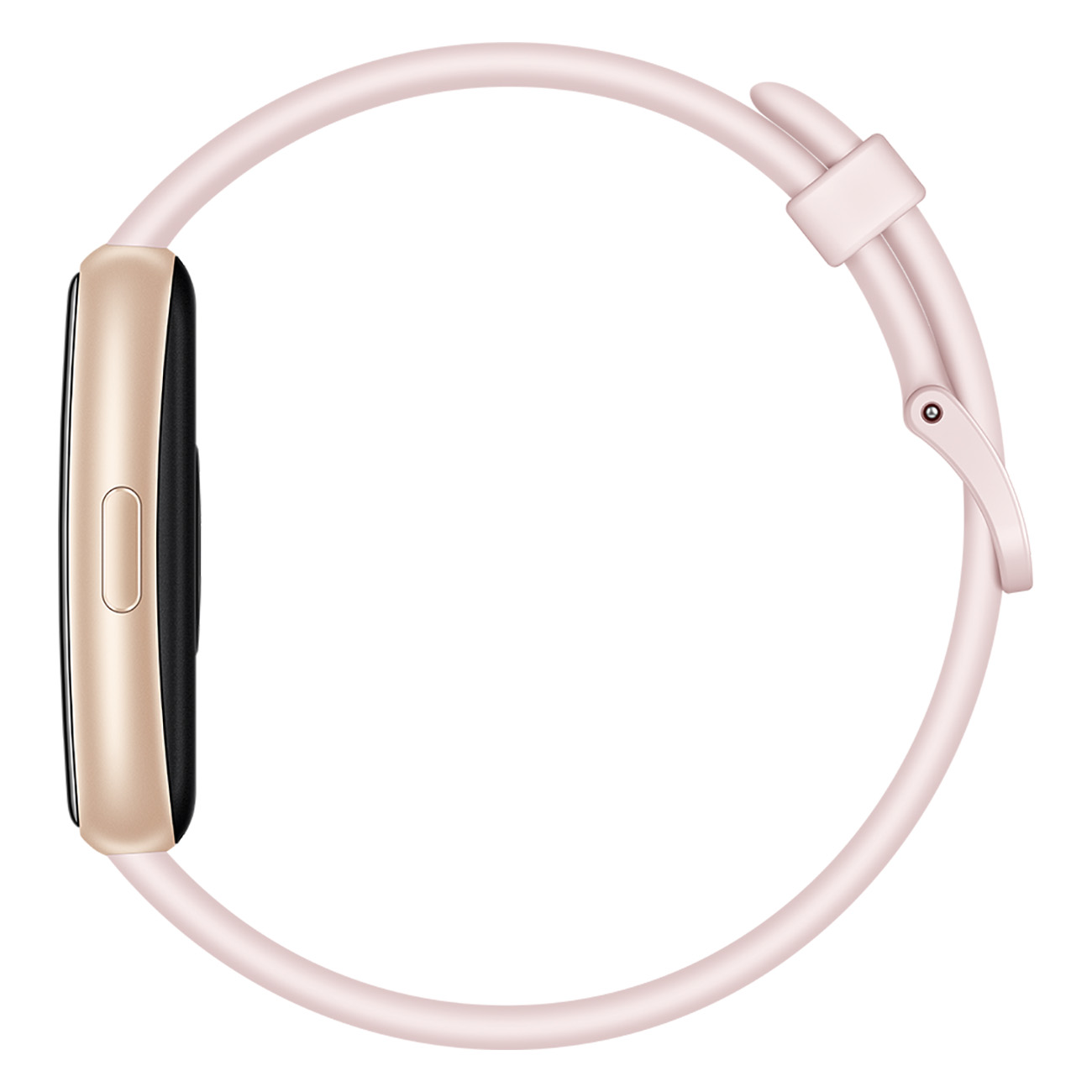 Seitenansicht einer roségoldenen Smartwatch mit pinkfarbenem Armband.