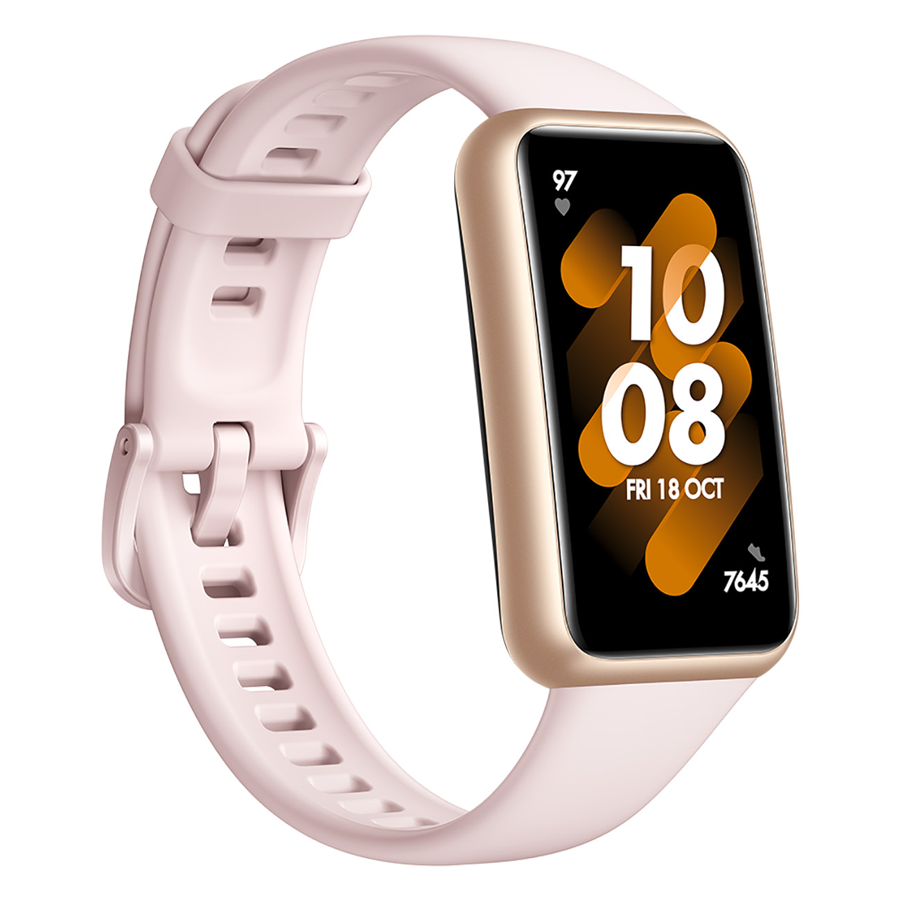 Eine pinkfarbene Huawei Smartwatch zeigt die Uhrzeit und Herzfrequenz auf weißem Hintergrund.