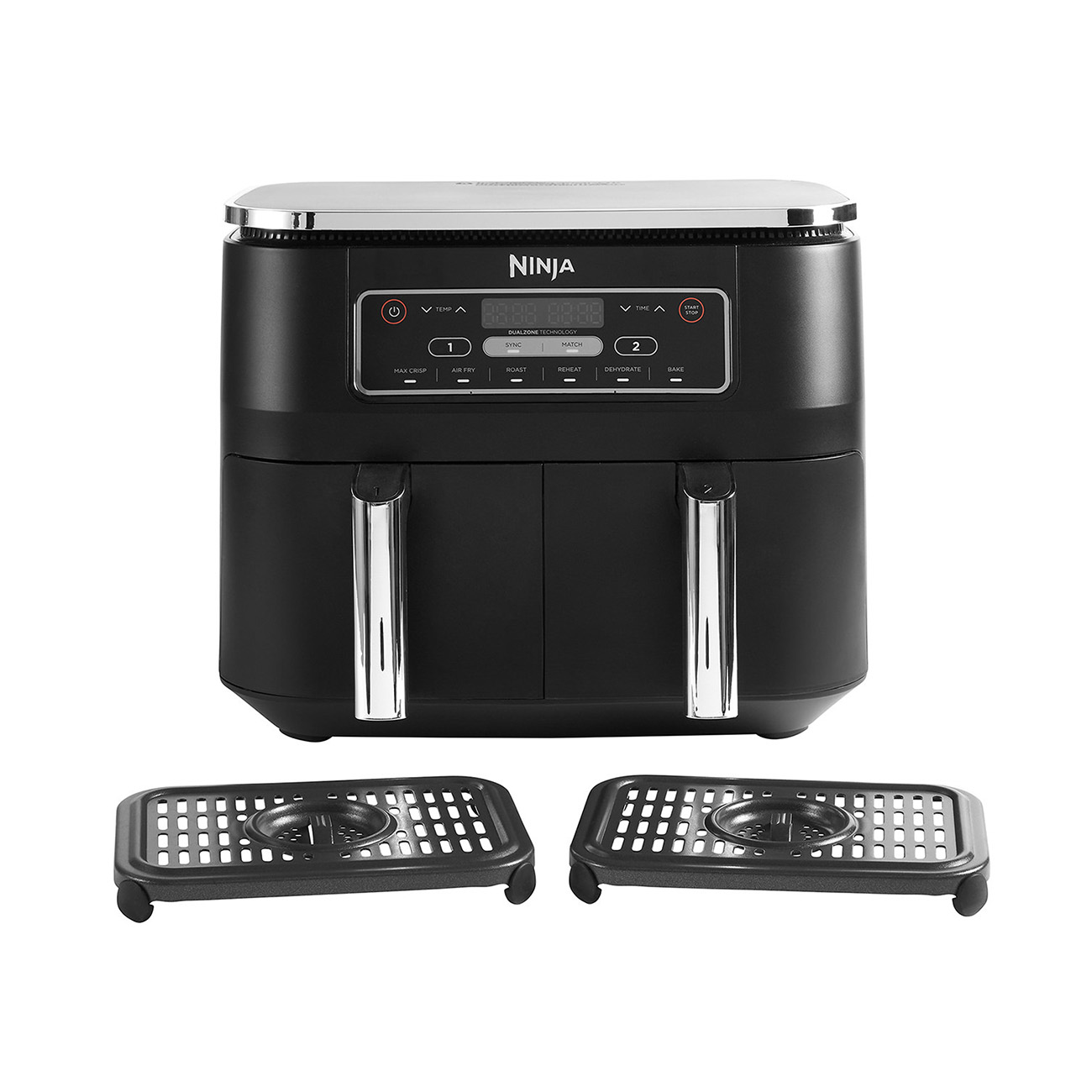 Schwarze Ninja-Heißluftfritteuse mit zwei Körben darunter. Silberne Griffe und Bedienfeld.