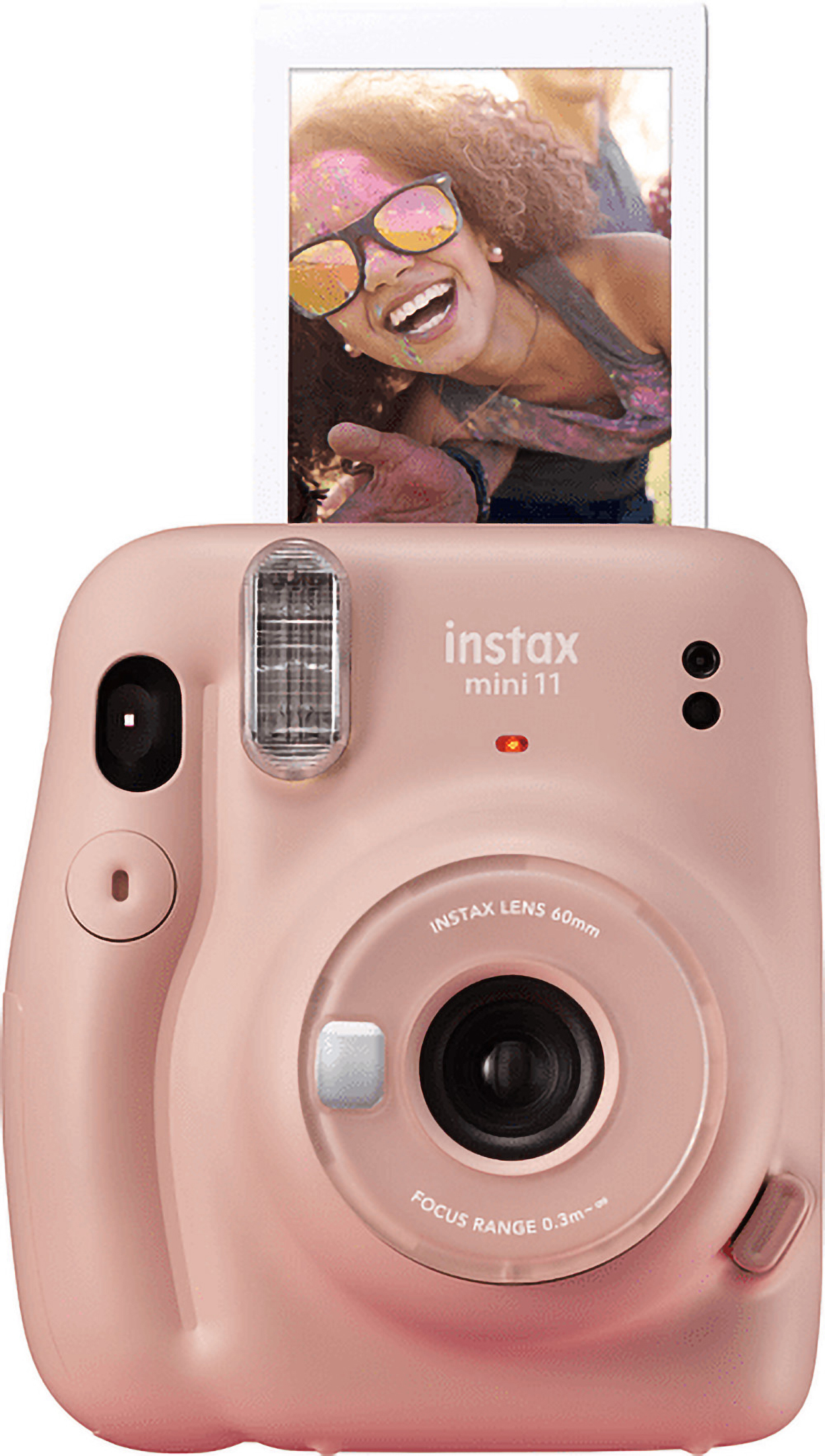 Rosa Instax Mini 11 Kamera mit einem Bild einer lachenden Frau.