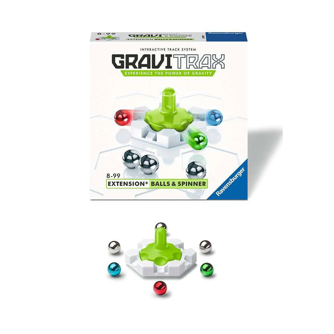 Scatola bianca del giocattolo Gravitrax con palline e uno spinner. Contiene il testo: Scopri la forza di gravità.