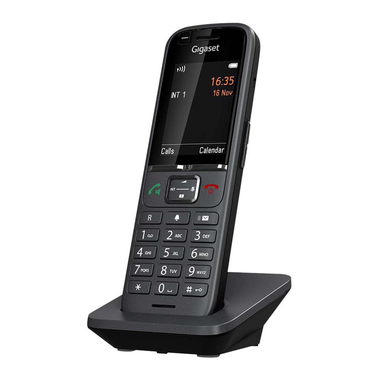 Czarny telefon bezprzewodowy na czarnej podstawie, ekran wyświetla godzinę i opcje kalendarza.