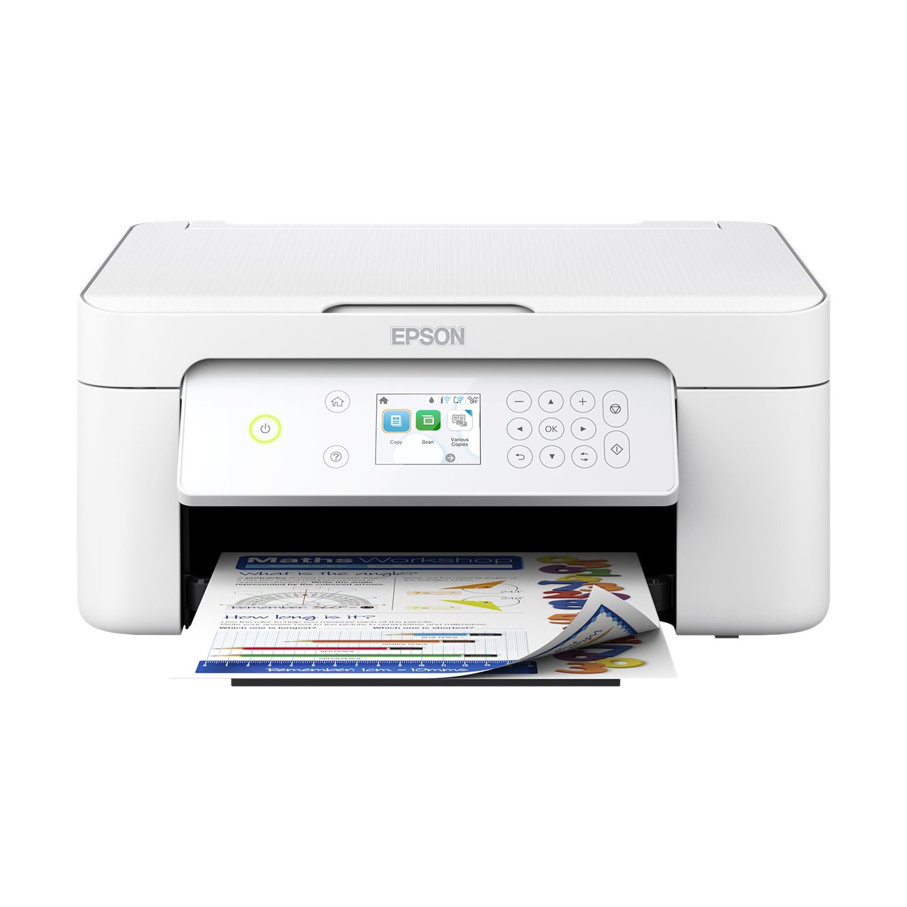 Biała drukarka Epson drukująca kartkę z kolorowym arkuszem matematycznym.