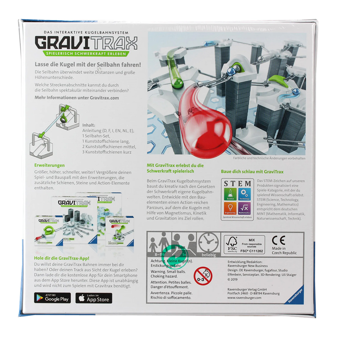 Box mit Text und Bildern eines GraviTrax-Kugelbahn. Enthält Komponenten und STEM-Symbole.