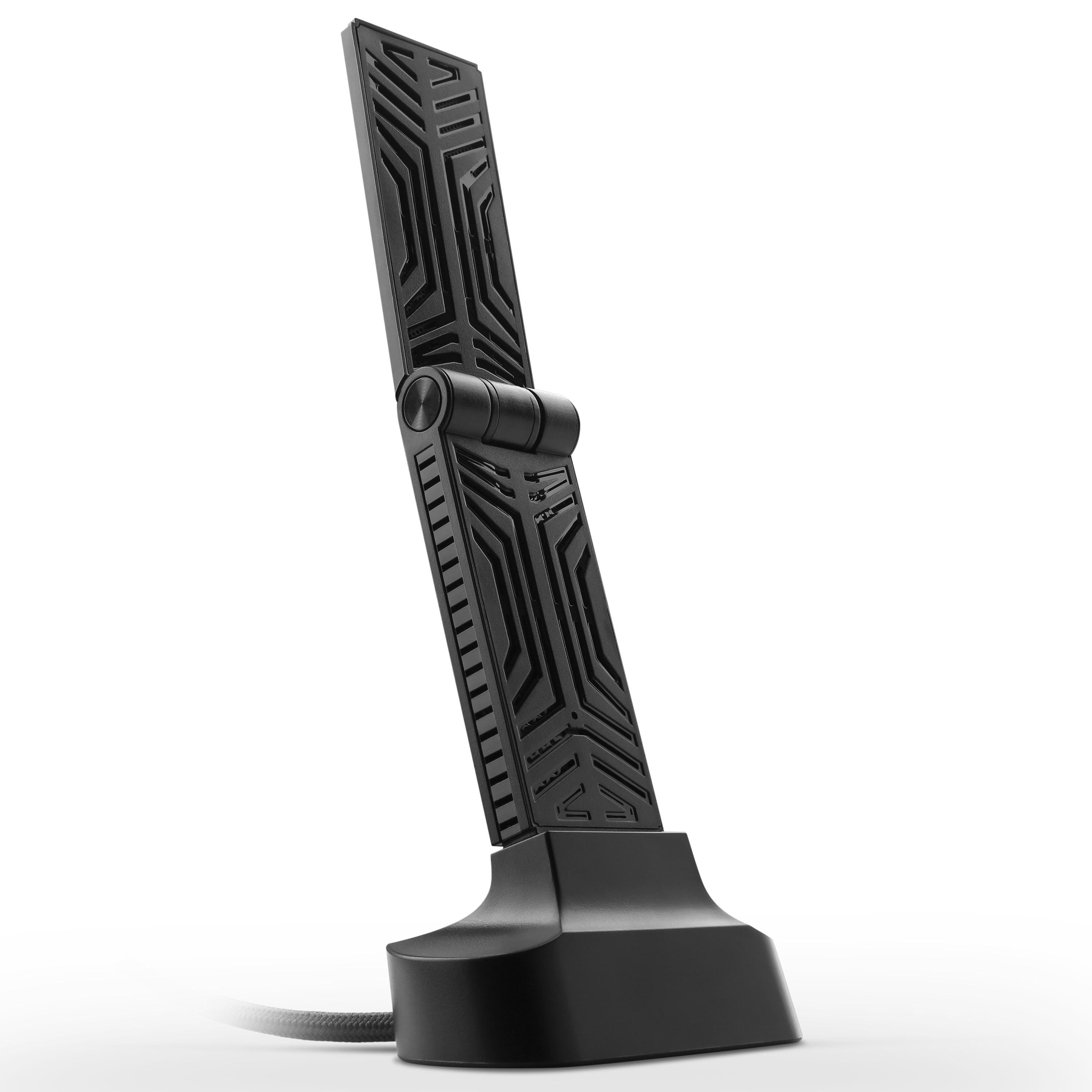 Schwarze Antenne. Sie ist aufrecht. Ein Kabel ist unten befestigt.