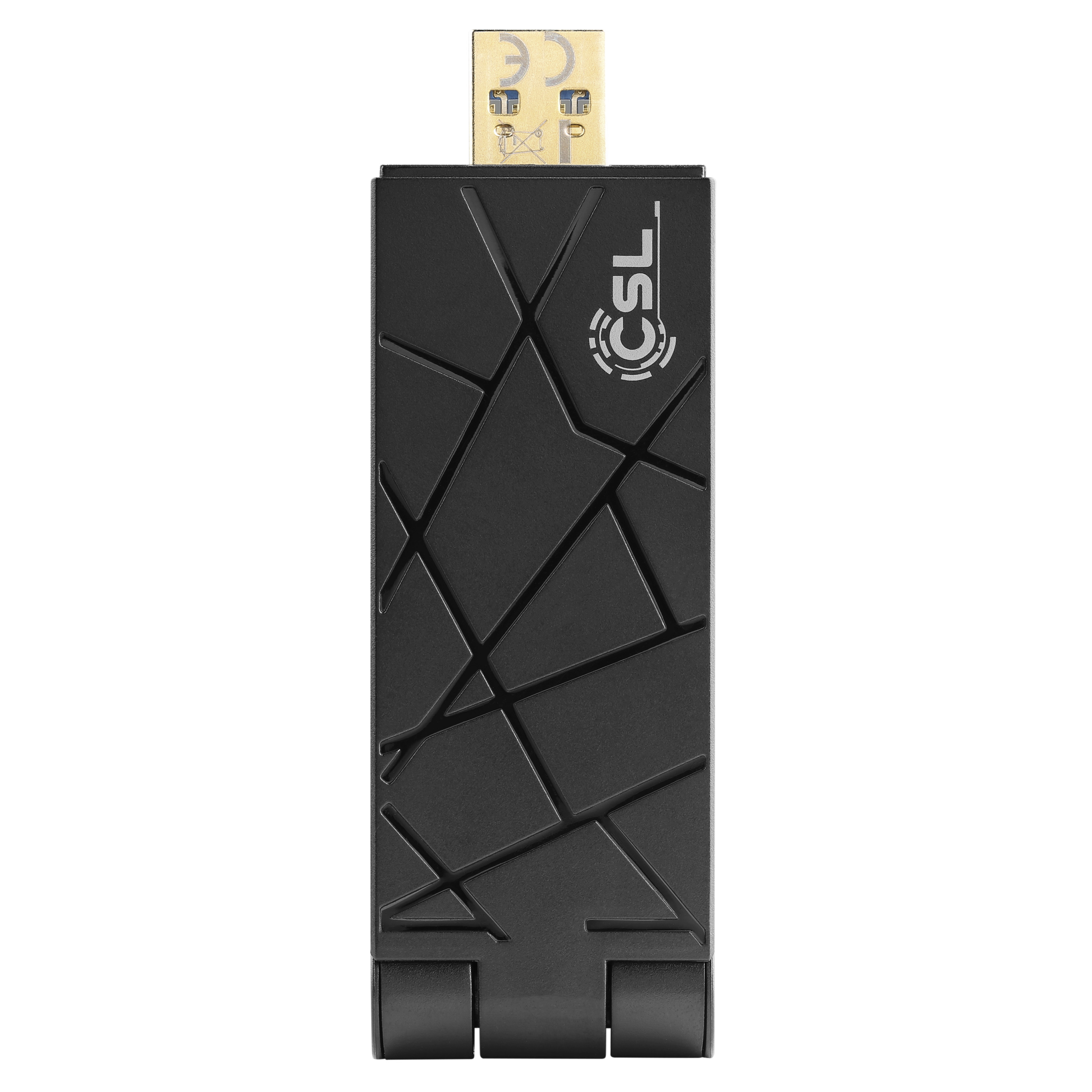 Schwarzer USB-Datenspeicher mit geometrischem Design. Oben ist ein Etikett eingesetzt.