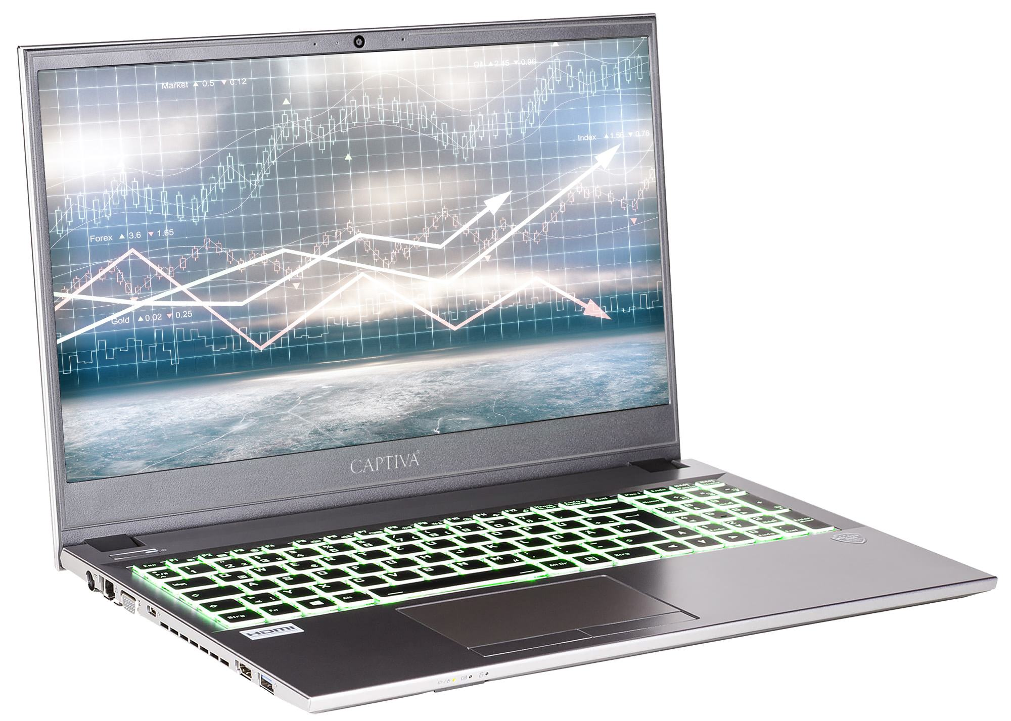 Ein silberner Laptop zeigt ein Aktienmarkt-Diagramm mit Pfeilen und Daten, grün beleuchtete Tastatur.