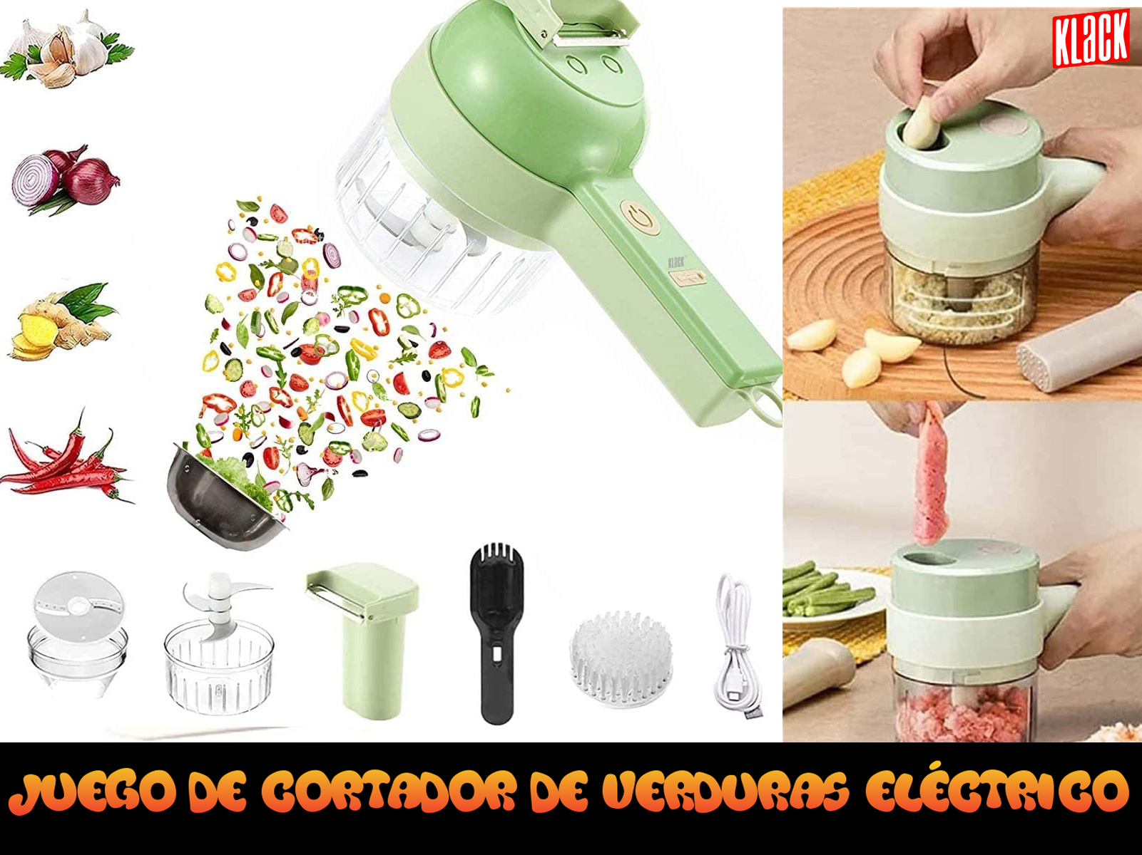 Juego de picadora de verduras con ingredientes y usuario usándolo.