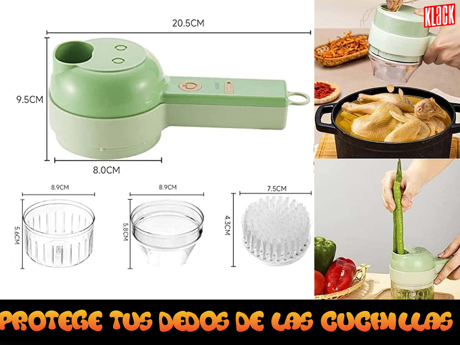 Gadget de cocina con varios componentes y accesorios, más texto en español.