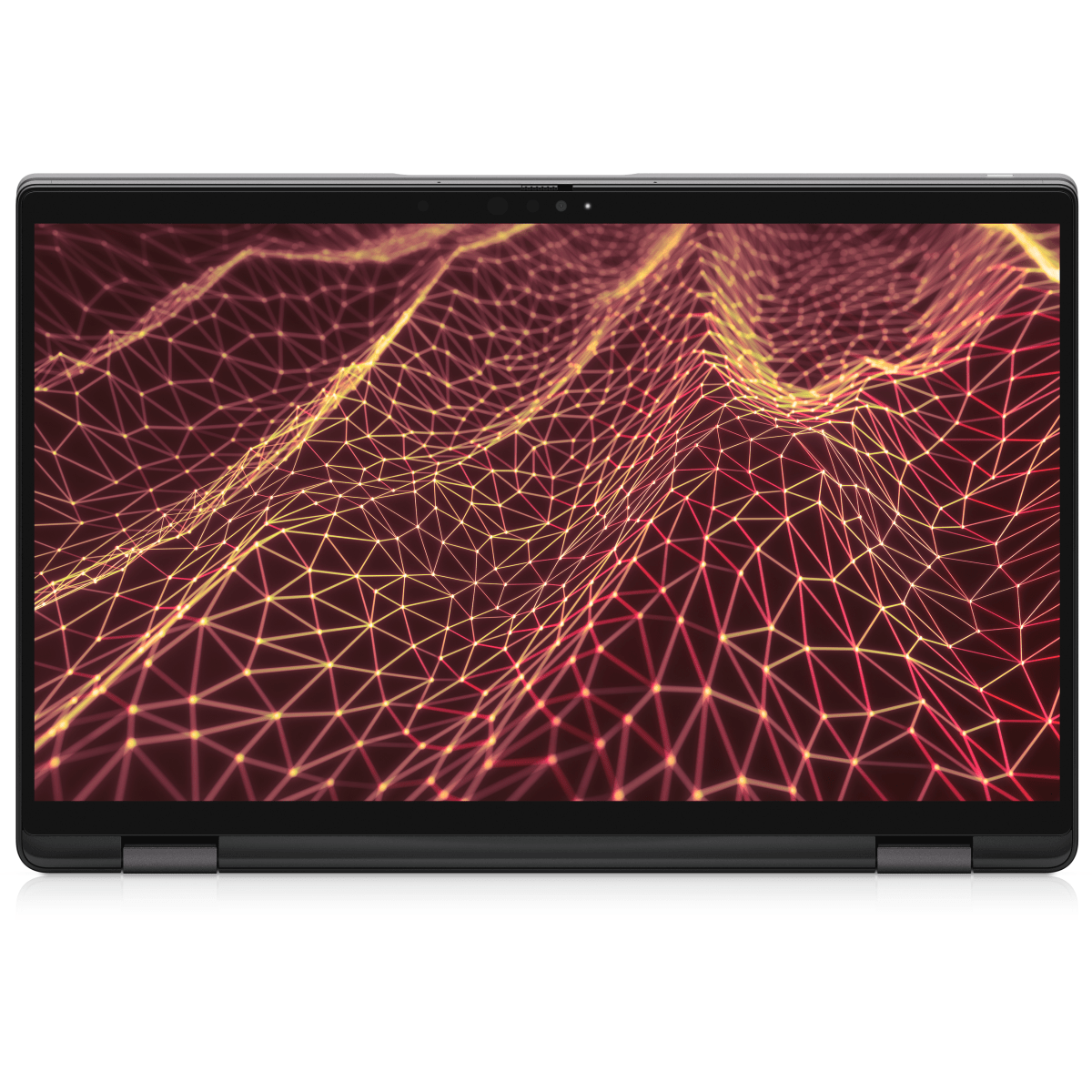 Una pantalla de portátil muestra una red abstracta de líneas y puntos conectados.