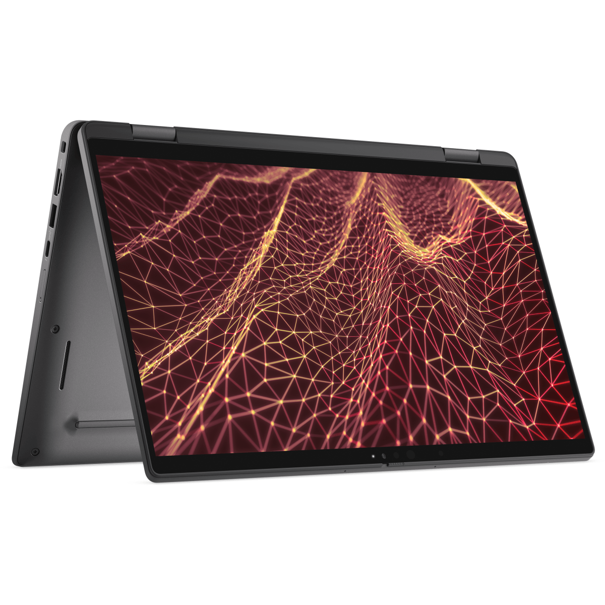 Una laptop en posición de tienda. La pantalla muestra un patrón de red rojo y amarillo.