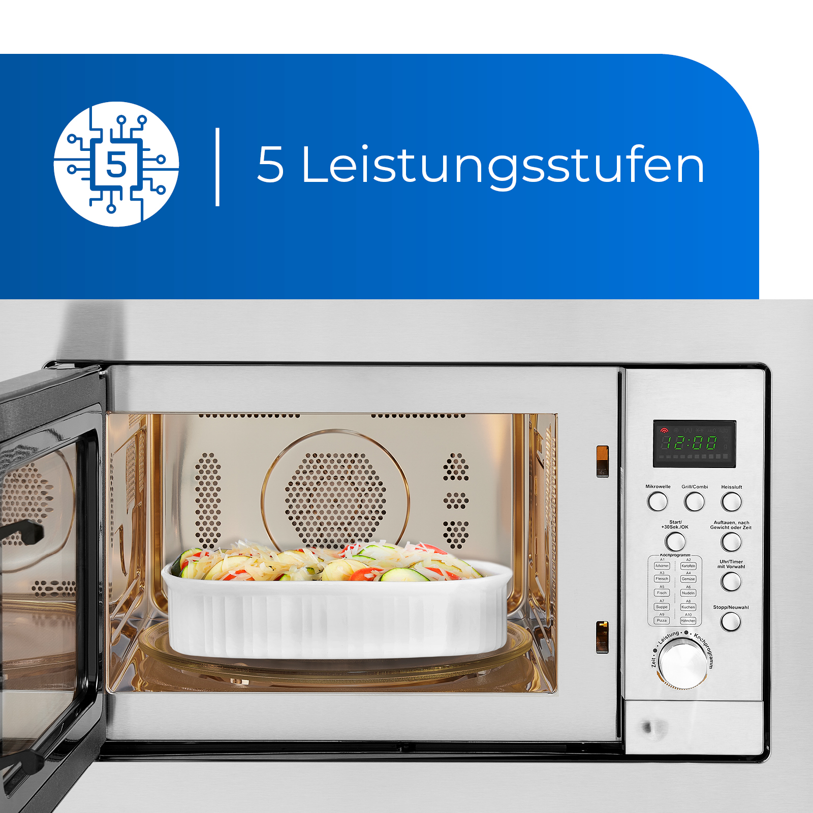 Mikrowelle mit Essen, Bedienfeld mit Knöpfen und Digitalanzeige.