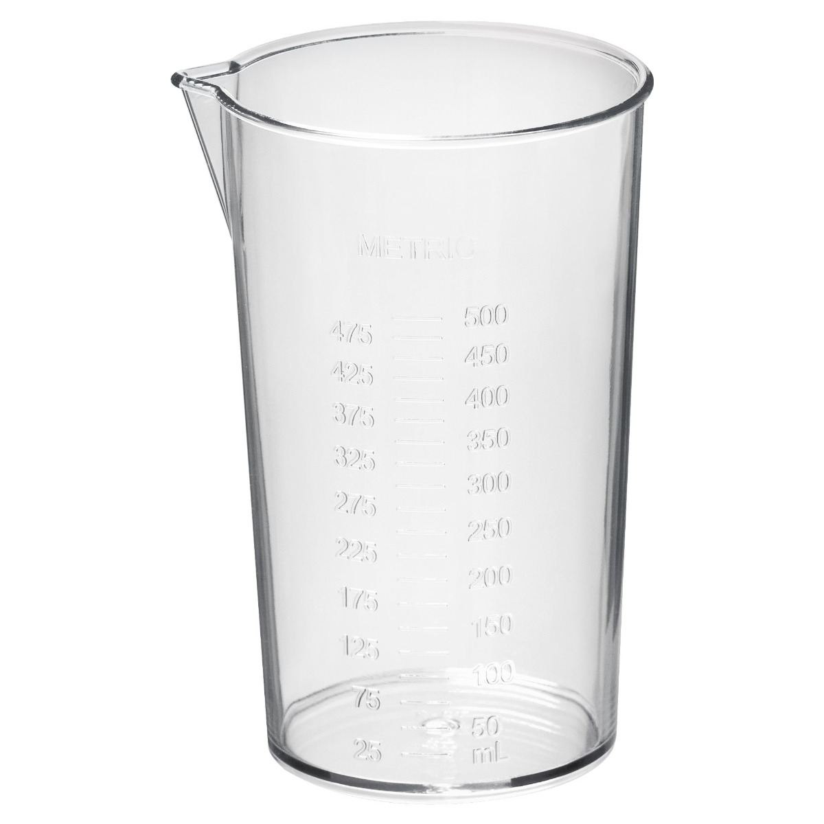 Przezroczysty kubek z miarką od 50 ml do 500 ml.