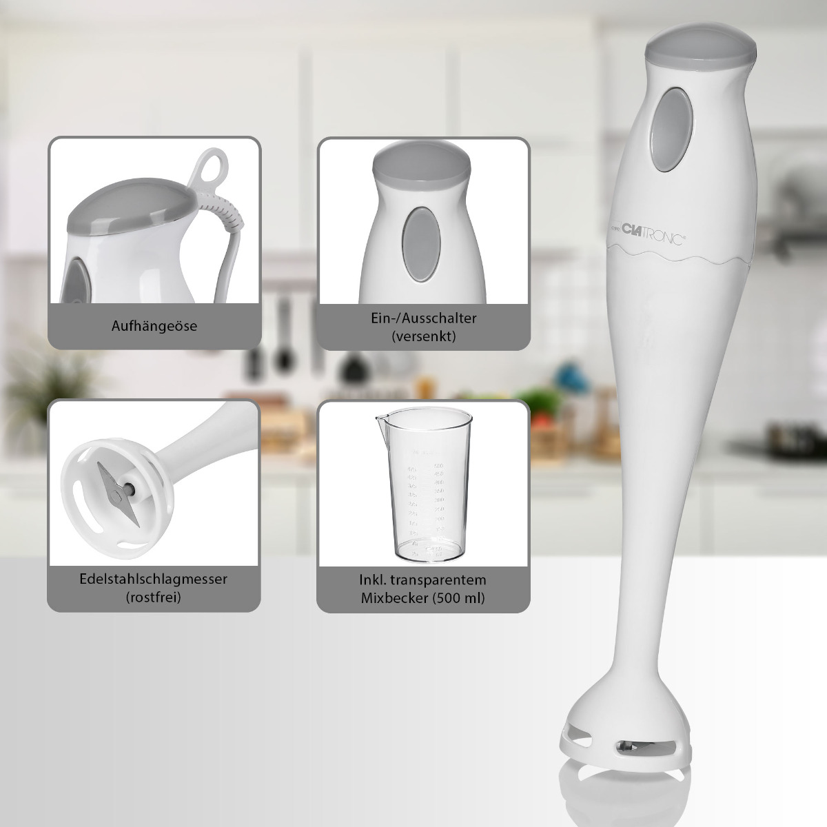 Biały blender ręczny z akcesoriami, w tym kubkiem i ostrzem.