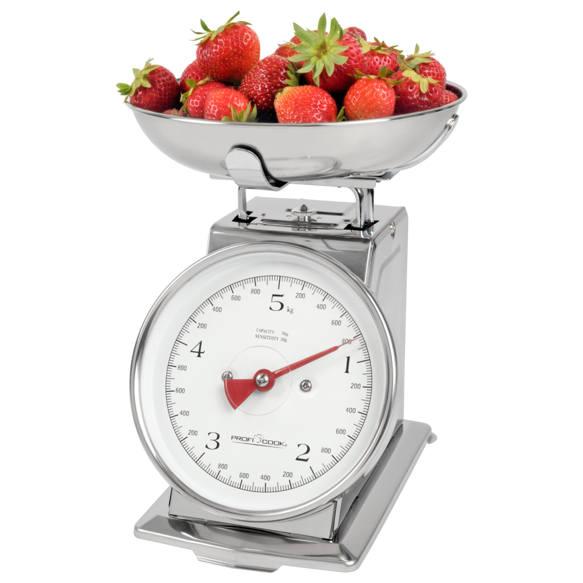 Eine Chromwaage mit einer Schüssel Erdbeeren. Das Zifferblatt zeigt das Gewicht. Roter Zeiger zeigt das Gewicht an.