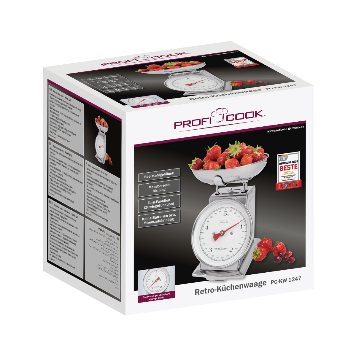 Una báscula de cocina retro con una caja de fresas.