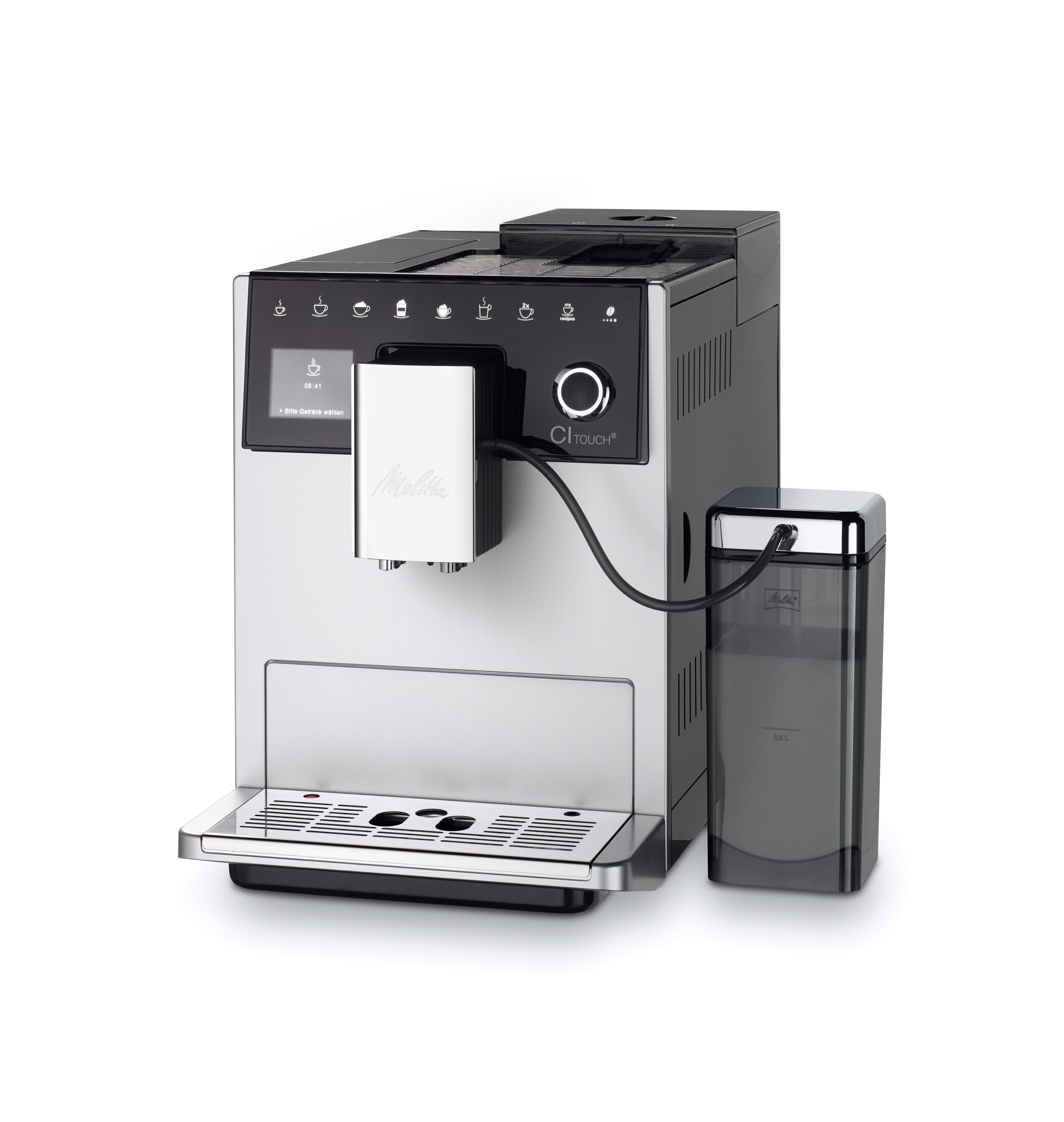 Cafetera plateada y negra con depósito de agua a la derecha. Una pantalla muestra la hora.