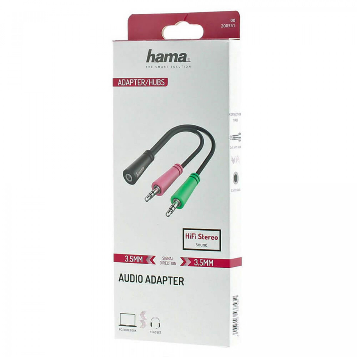 Hama Audio-Adapter-Box. Schwarze und farbige Buchsen mit Text und Produktinfo.