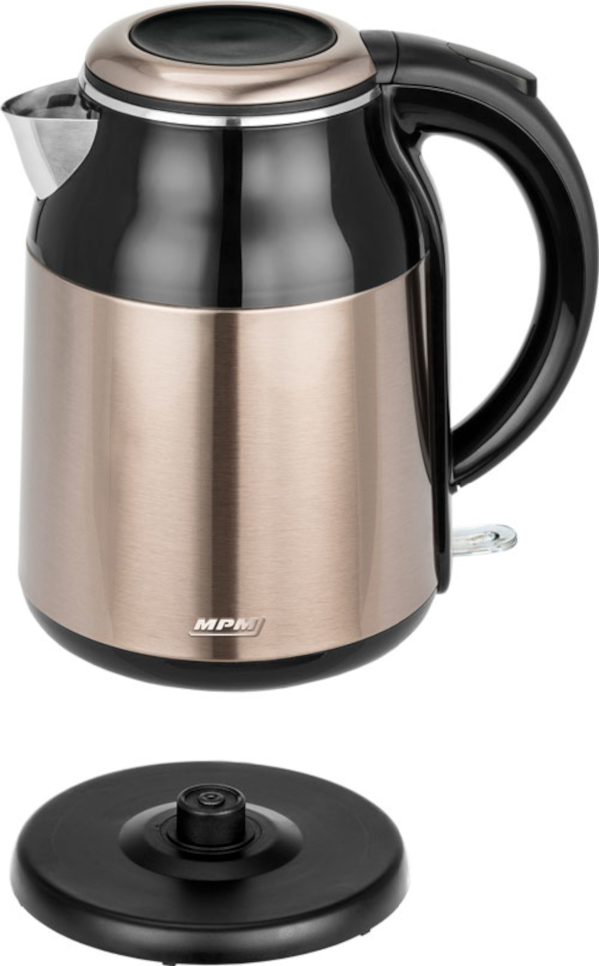 Czarny, srebrny i brązowy czajnik elektryczny z czarną podstawą. Na czajniku napis MPM.