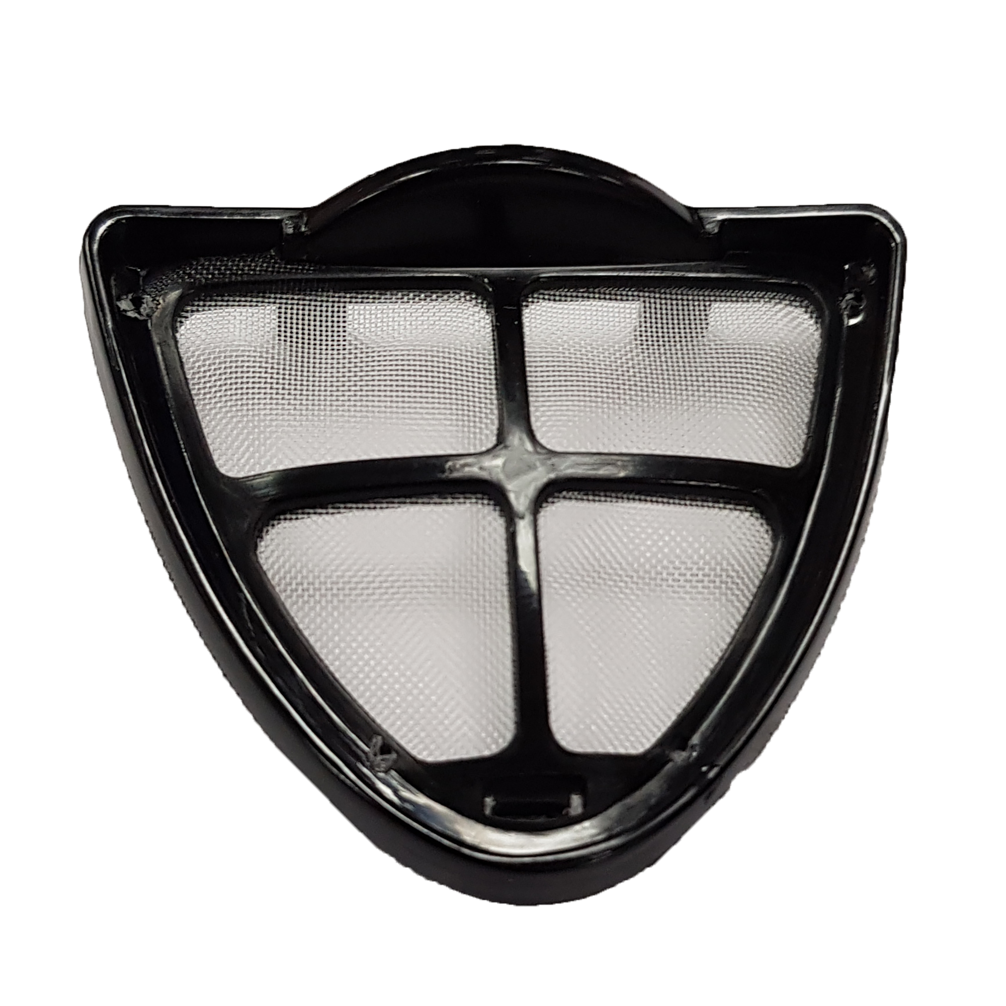 Czarny kosz filtra do ekspresu do kawy z drobną siatką, izolowany na białym tle.