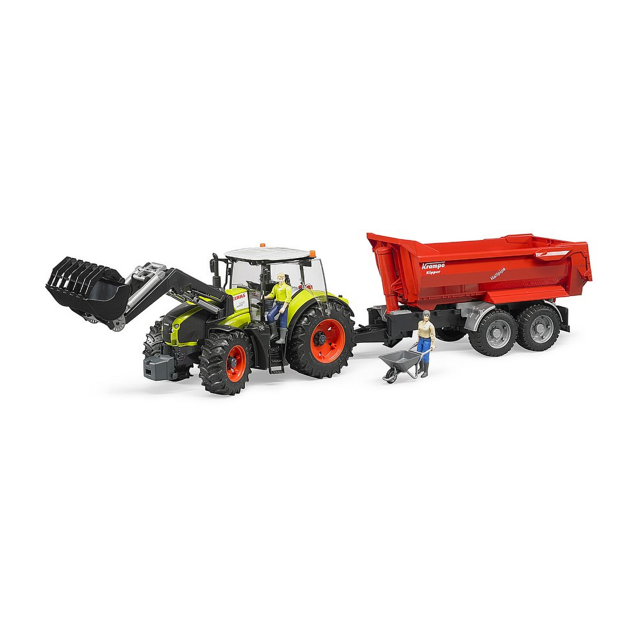 Zabawkowy traktor z przyczepą i figurkami. Zielony traktor, czerwona przyczepa, białe tło.