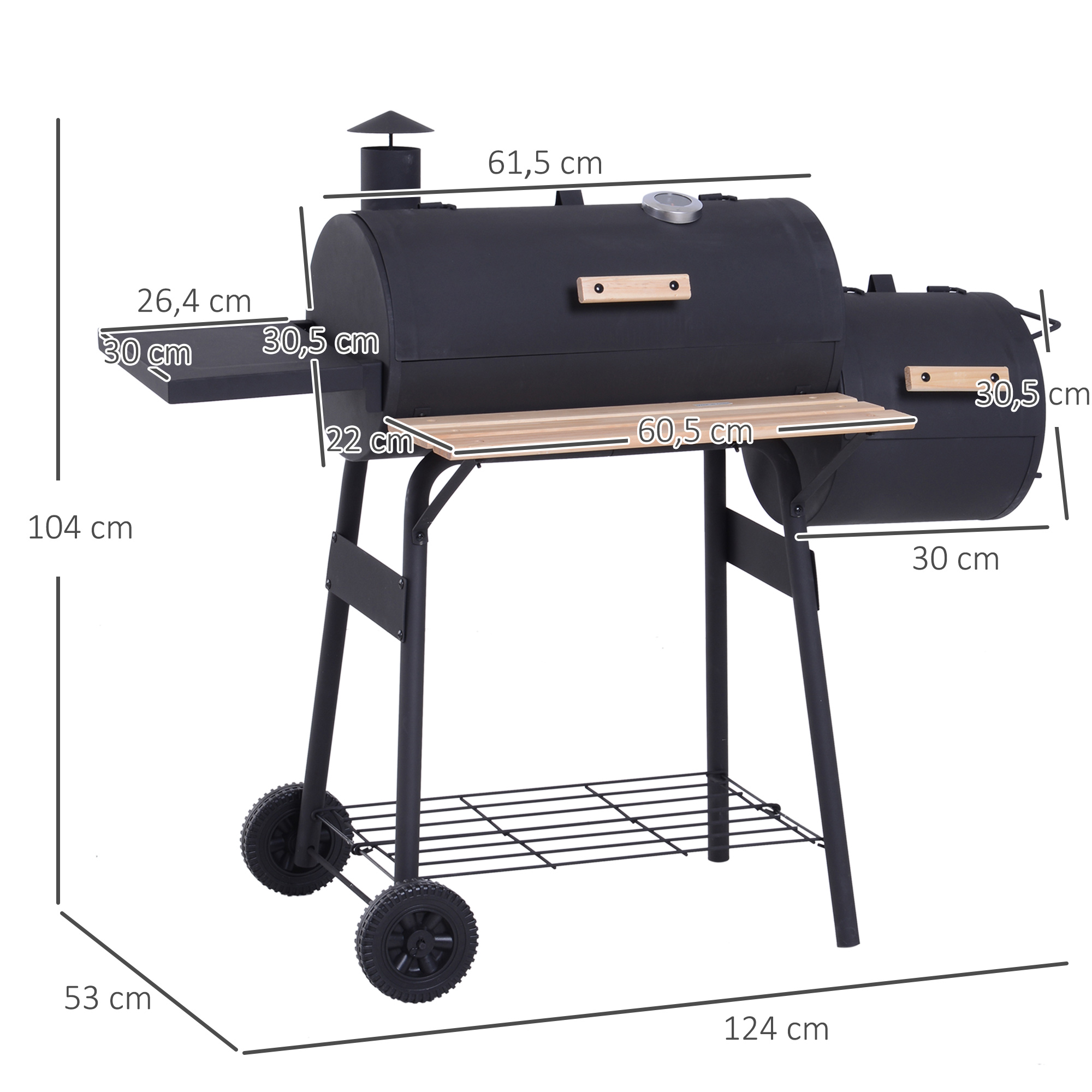 Parrilla negra para exteriores con dimensiones etiquetadas, sobre un marco metálico con ruedas, estantes de madera.
