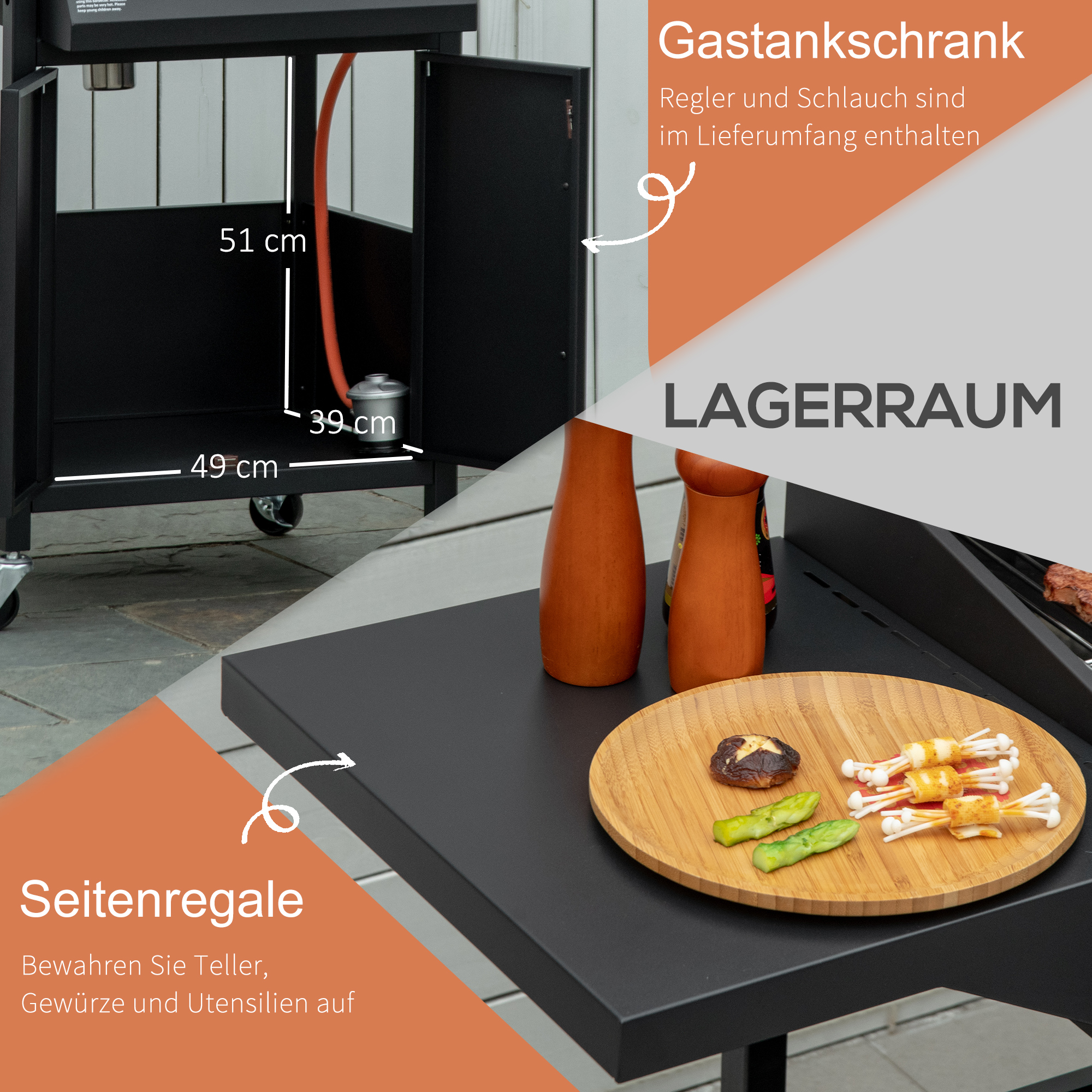 Outdoor-Küchenaufbau mit Gastankschrank, Tisch und Grillzubehör.