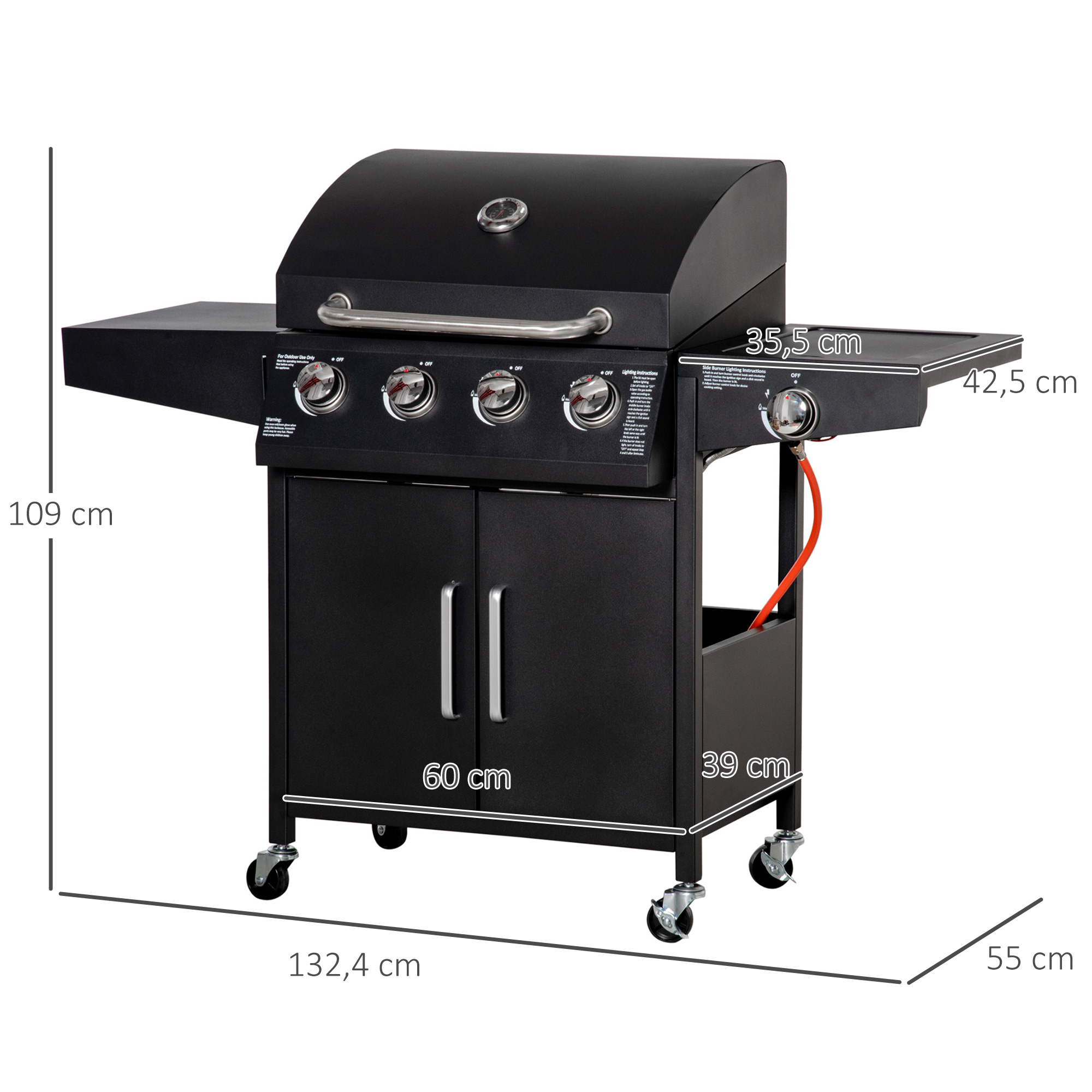 Schwarzer Gasgrill für den Außenbereich mit Beistelltisch und Rädern, Maße: 109cm, 132,4cm, 60cm, etc.