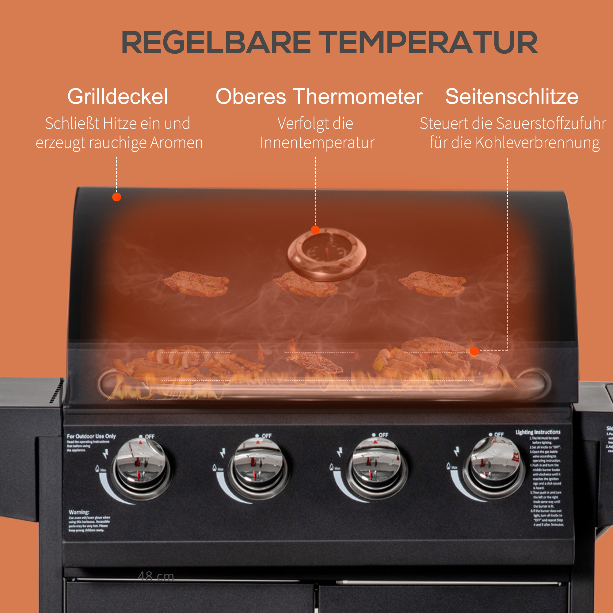 Grill mit offenem Deckel, zeigt die Kochfläche. Textbeschriftungen auf Deutsch. Schwarzes und silbernes Design.