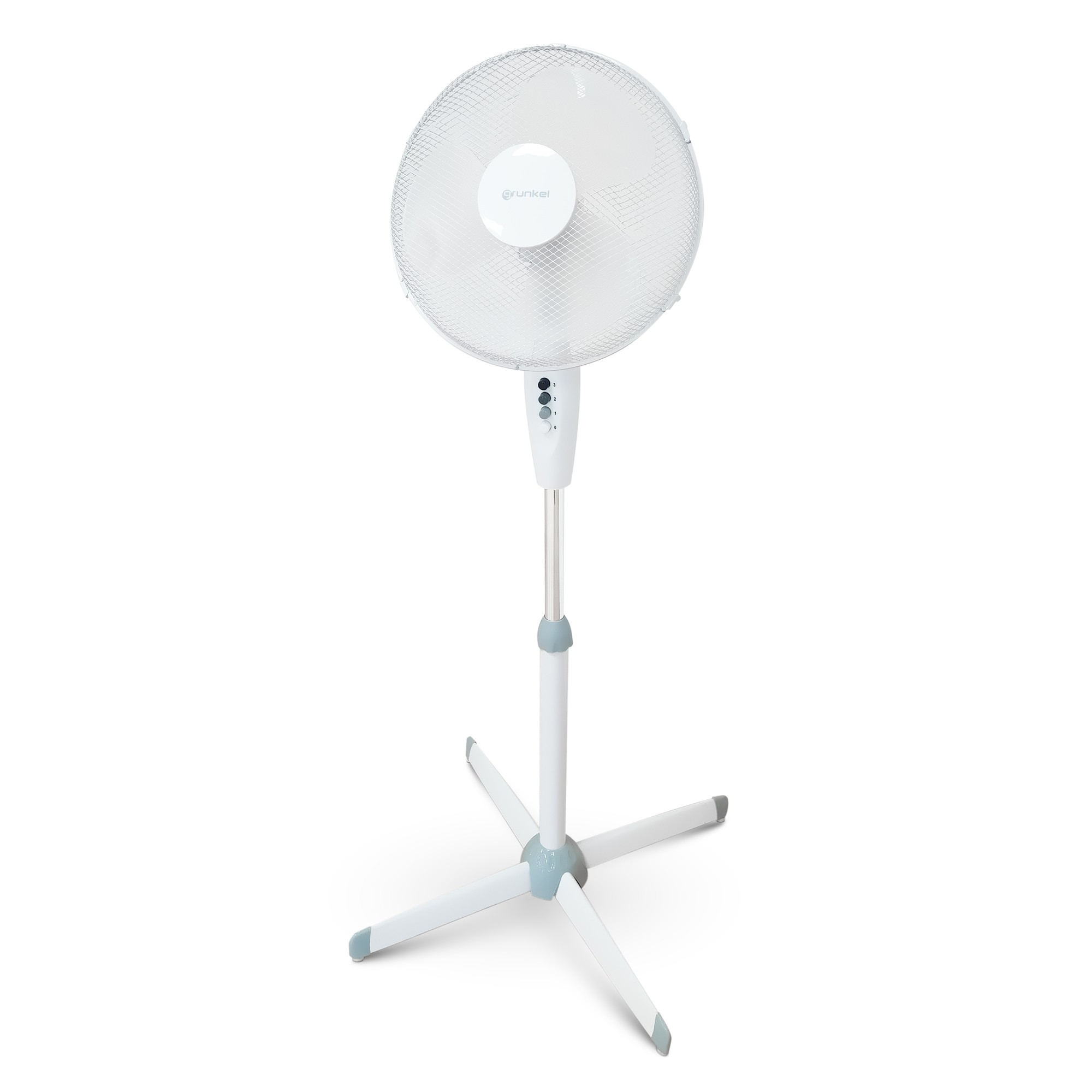 Weißer Standventilator, weiße Flügel, auf weißem Ständer, isoliert auf weißem Grund.