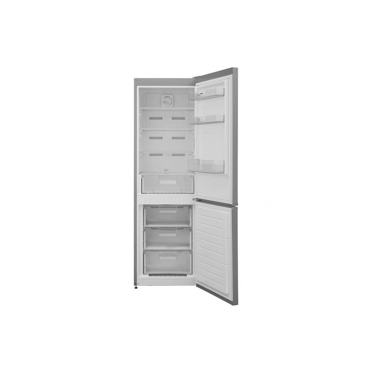 Un refrigerador plateado con la puerta abierta que muestra estantes y cajones, sobre un fondo blanco.