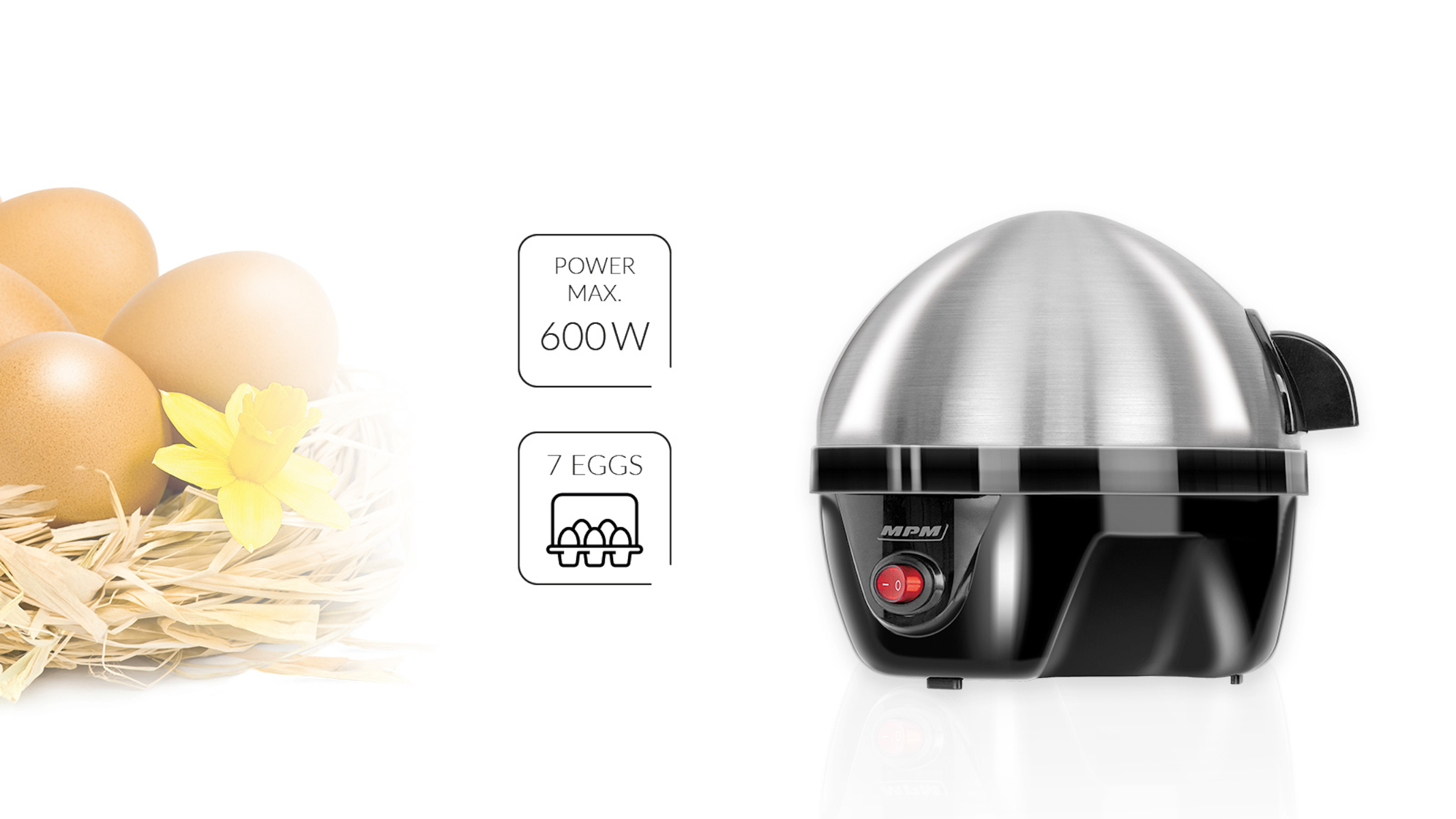 Olla para huevos con huevos, información de energía y capacidad para 7 huevos.