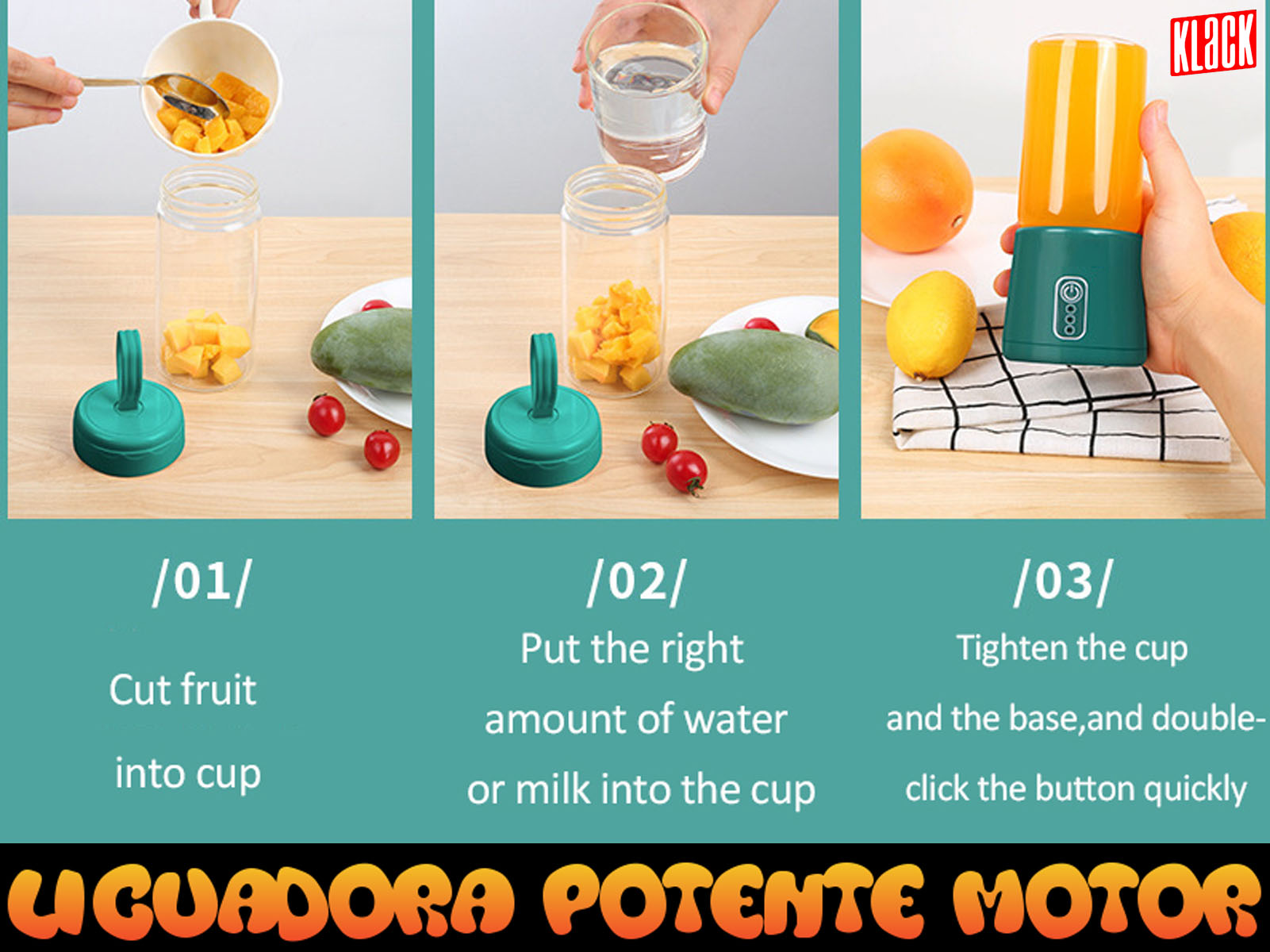 Pasos para hacer un batido: fruta en la taza, agregar agua/leche, apretar la tapa y hacer clic.
