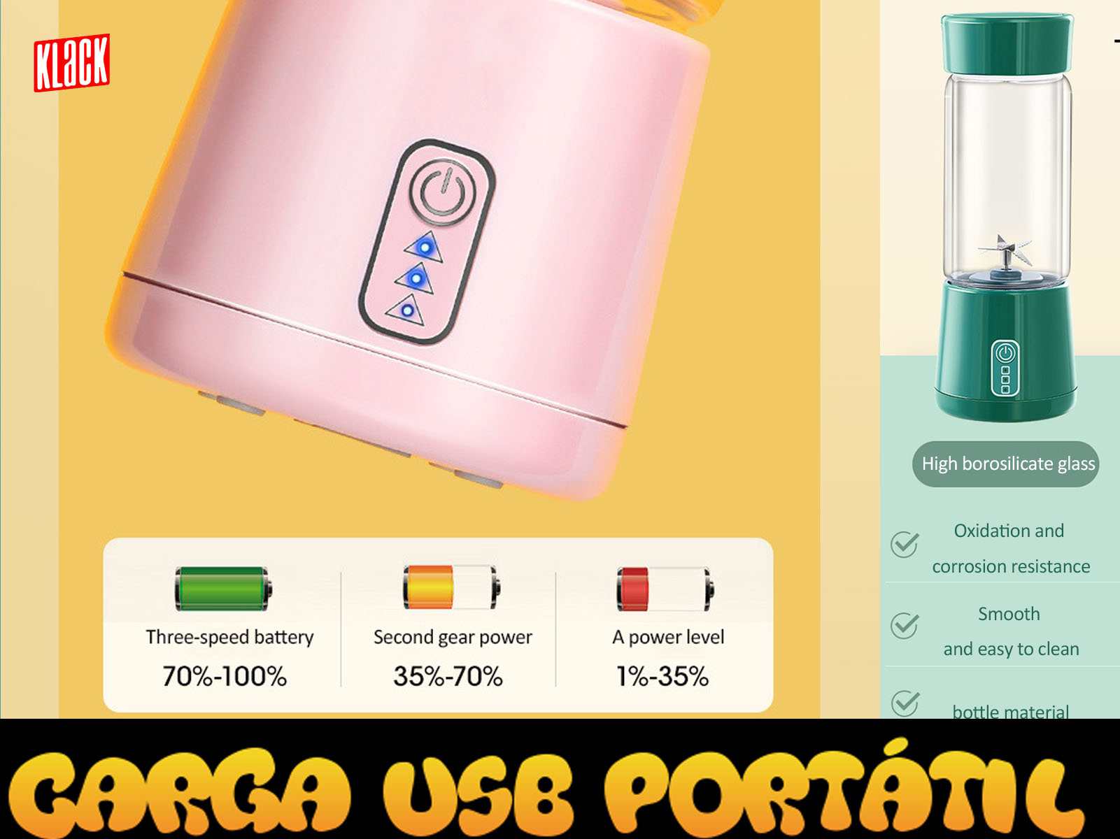 Licuadora rosa y verde con detalles del producto. Tiene un indicador de nivel de energía.