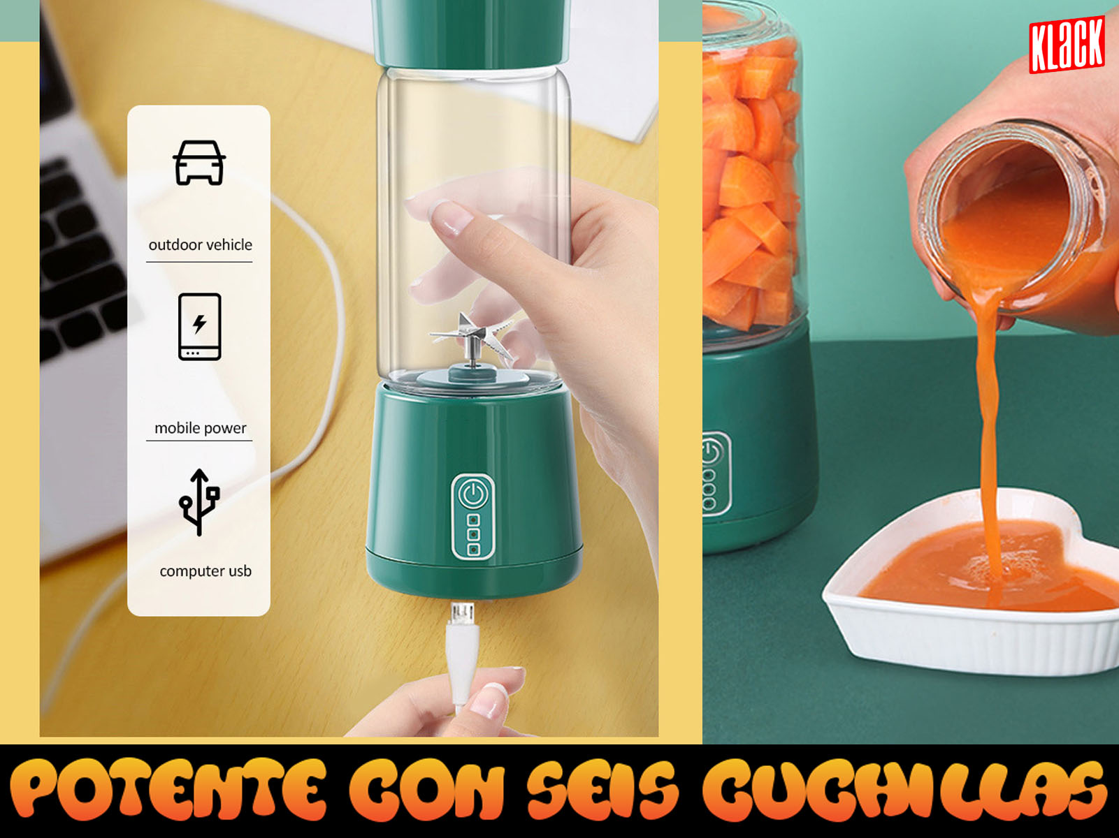 Licuadora verde con zanahorias vertiéndose en un plato en forma de corazón e iconos de energía y usb.