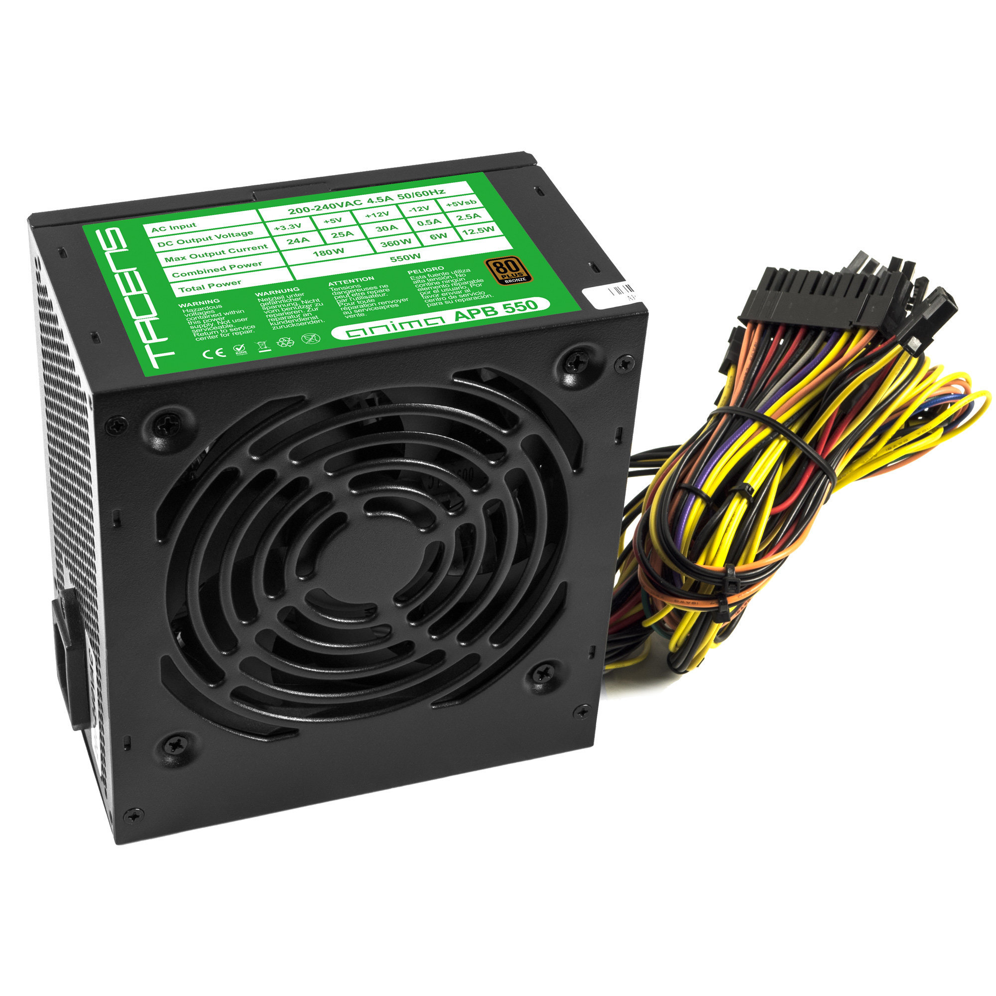 Alimentatore per PC nero con ventola, cavi e testo laterale.