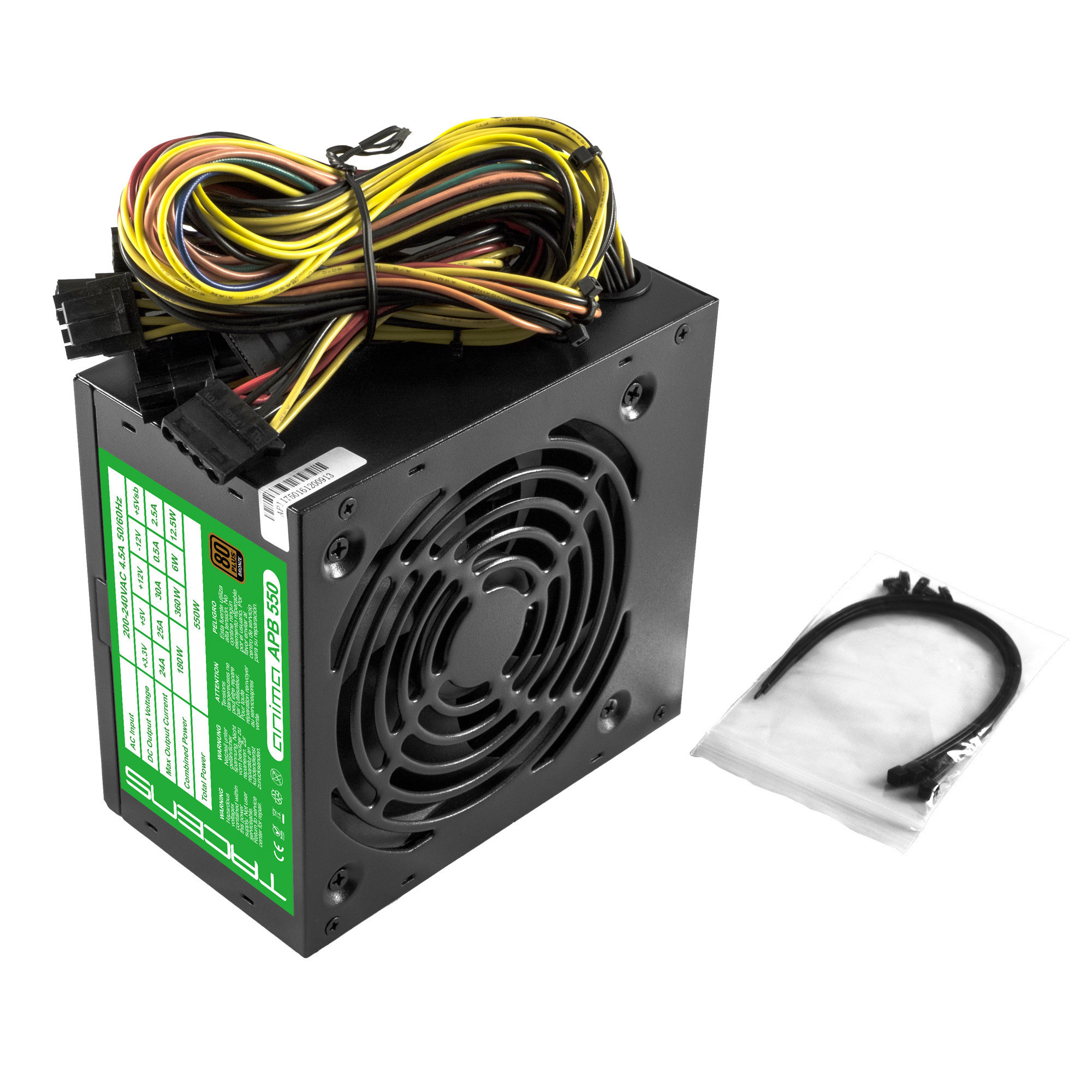 Alimentatore nero con ventola e cavi. Lo sfondo è bianco.