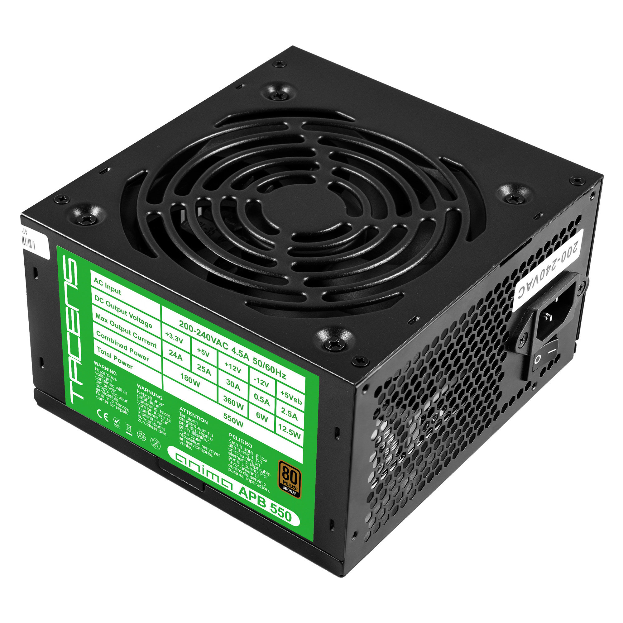 Alimentatore nero con ventola, connettori ed etichette. Su sfondo bianco.